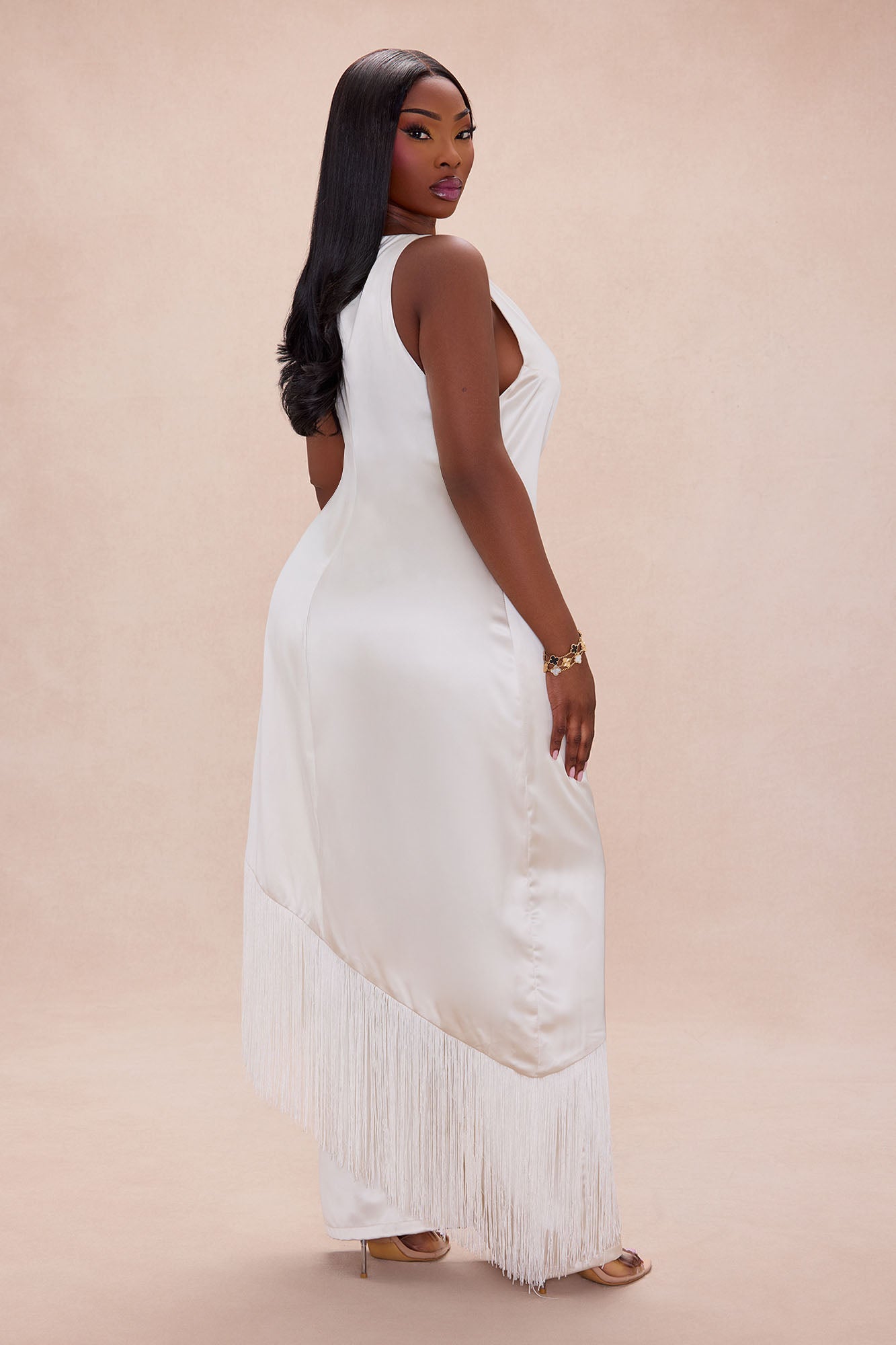 Ceile Fringe Satin Pant Set - Cream