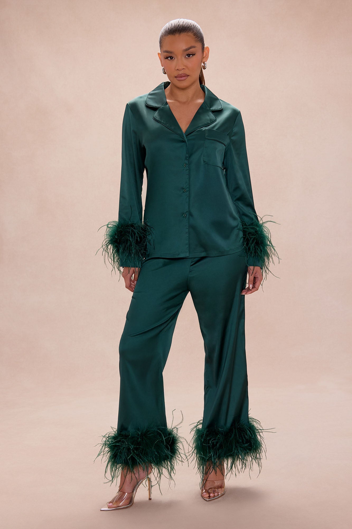 Alexandra Feathered Satin Pant Set - Hunter