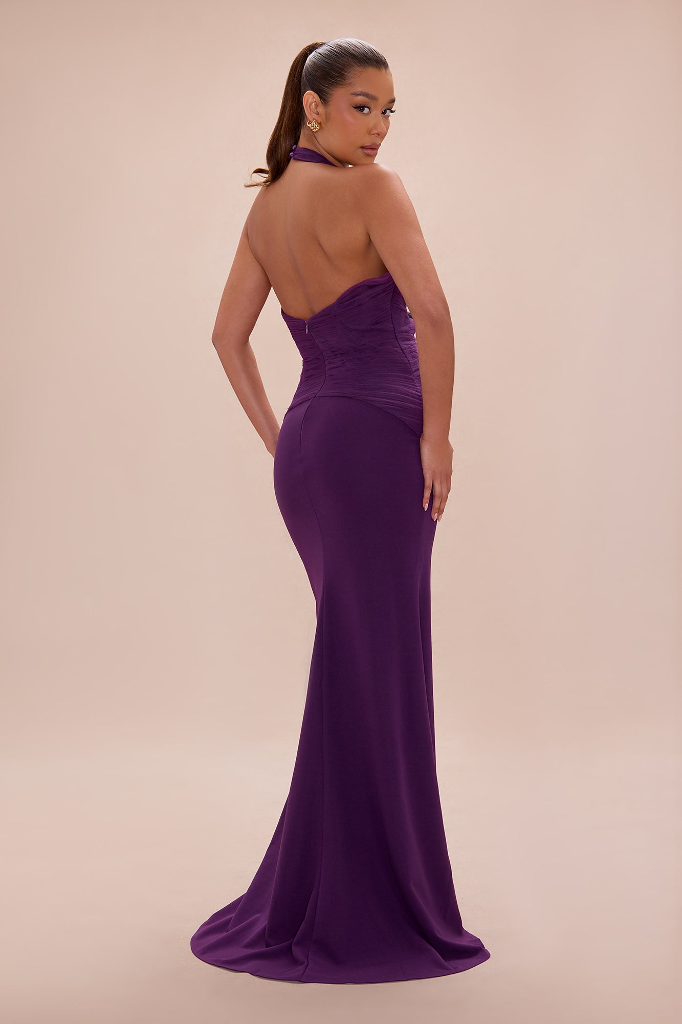 Madeline Ruched Halter Maxi Dress - Plum