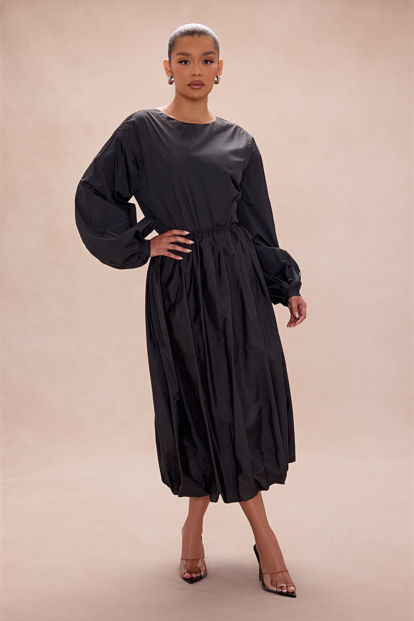 Estelle Bubble Hem Taffeta Midi Skirt - Black