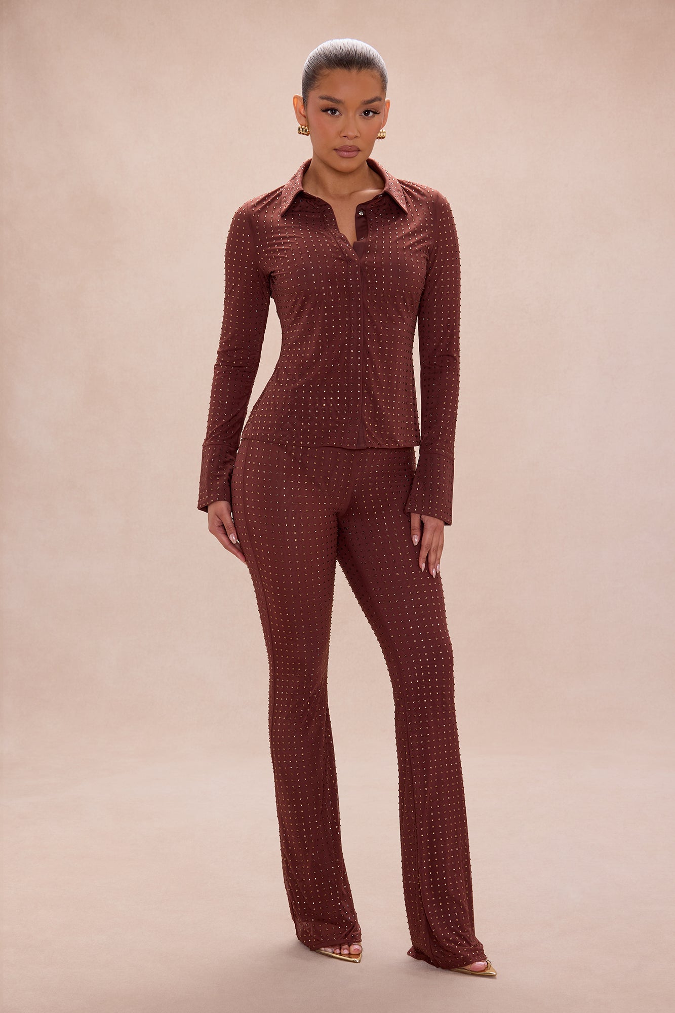 Gabrielle Rhinestone Mesh Pant Set - Chocolate