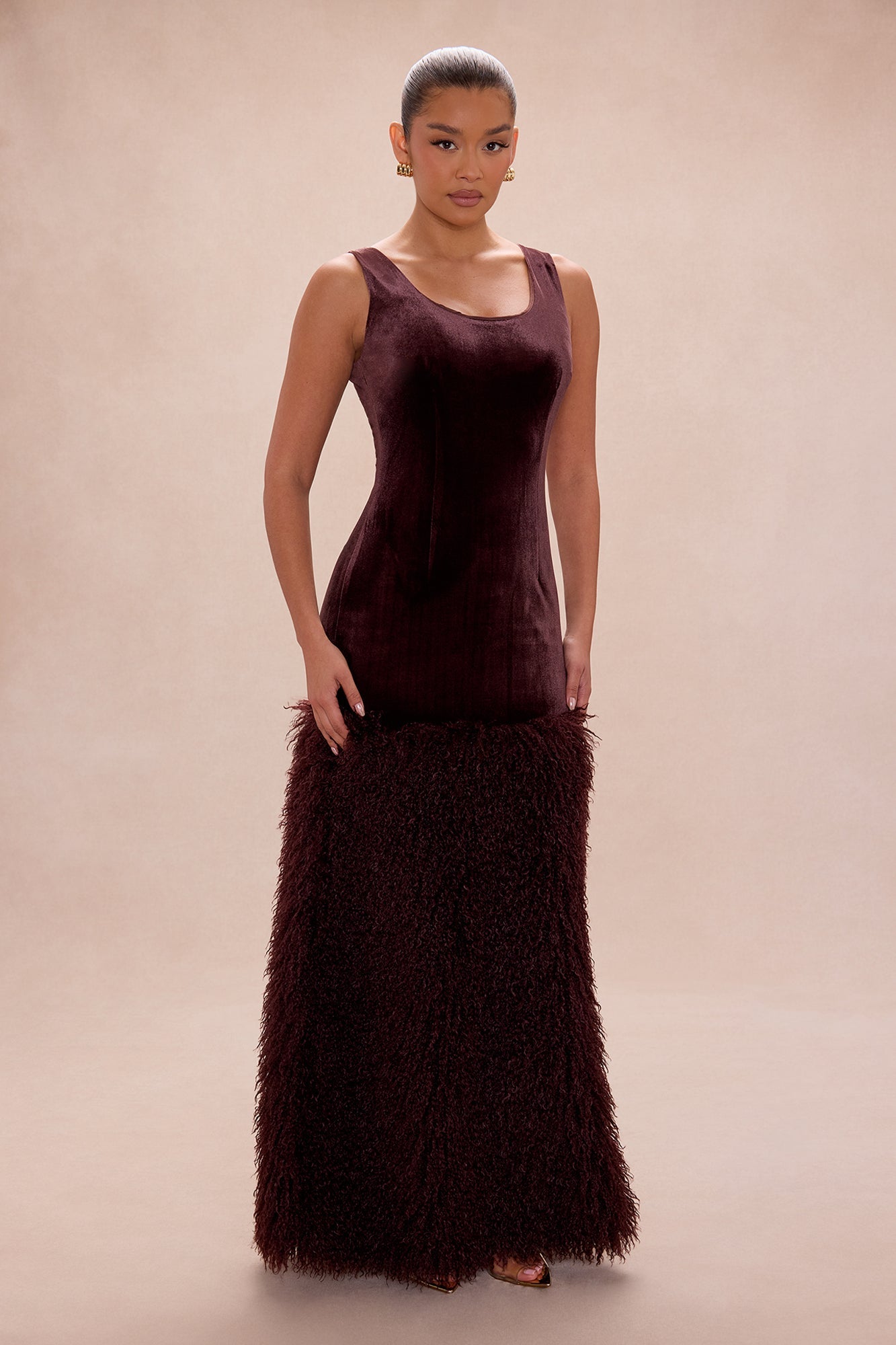 Star Studded Velvet Maxi Dress - Chocolate