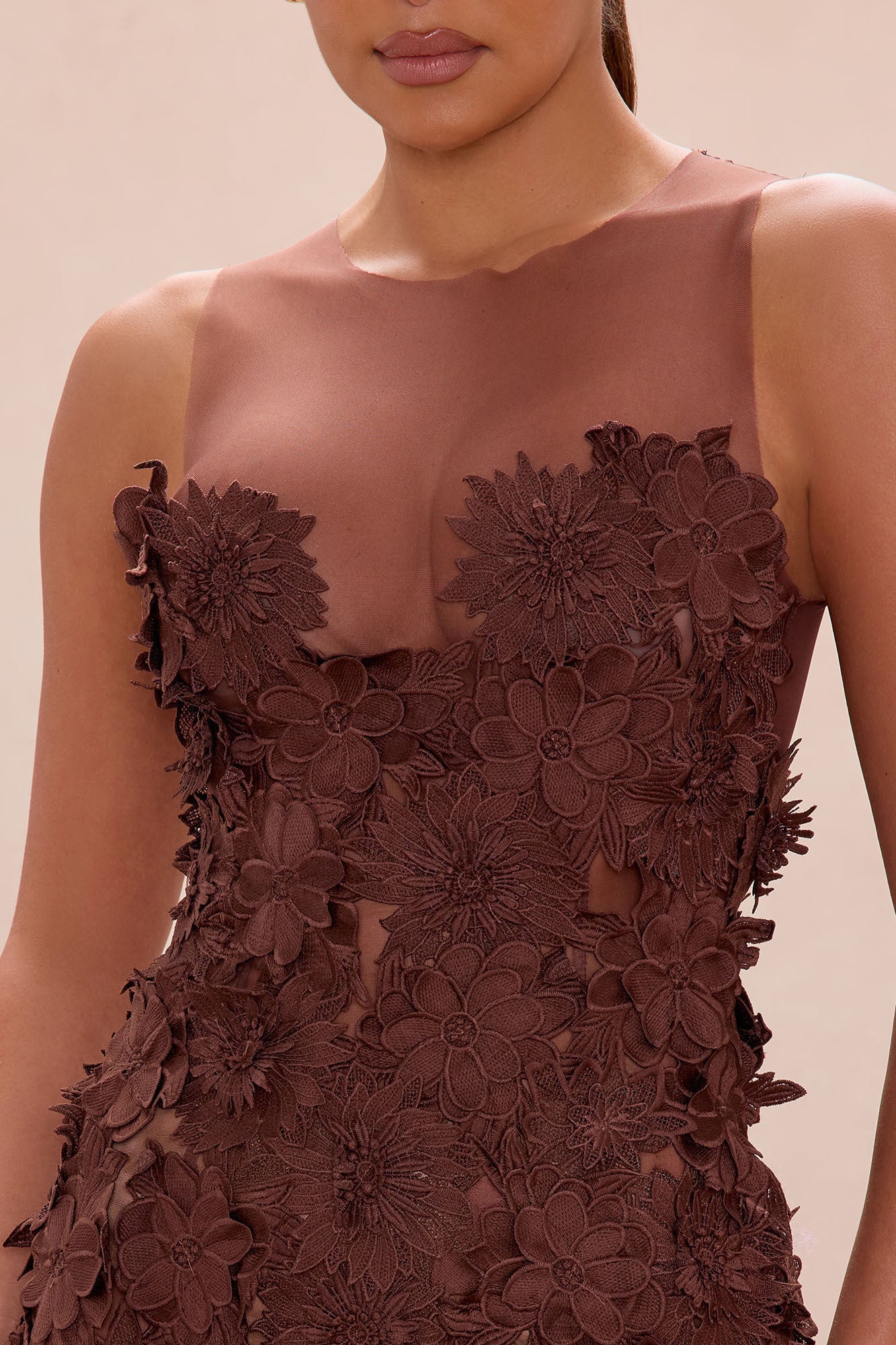 Willow Sheer Embroidered Maxi Dress - Chocolate