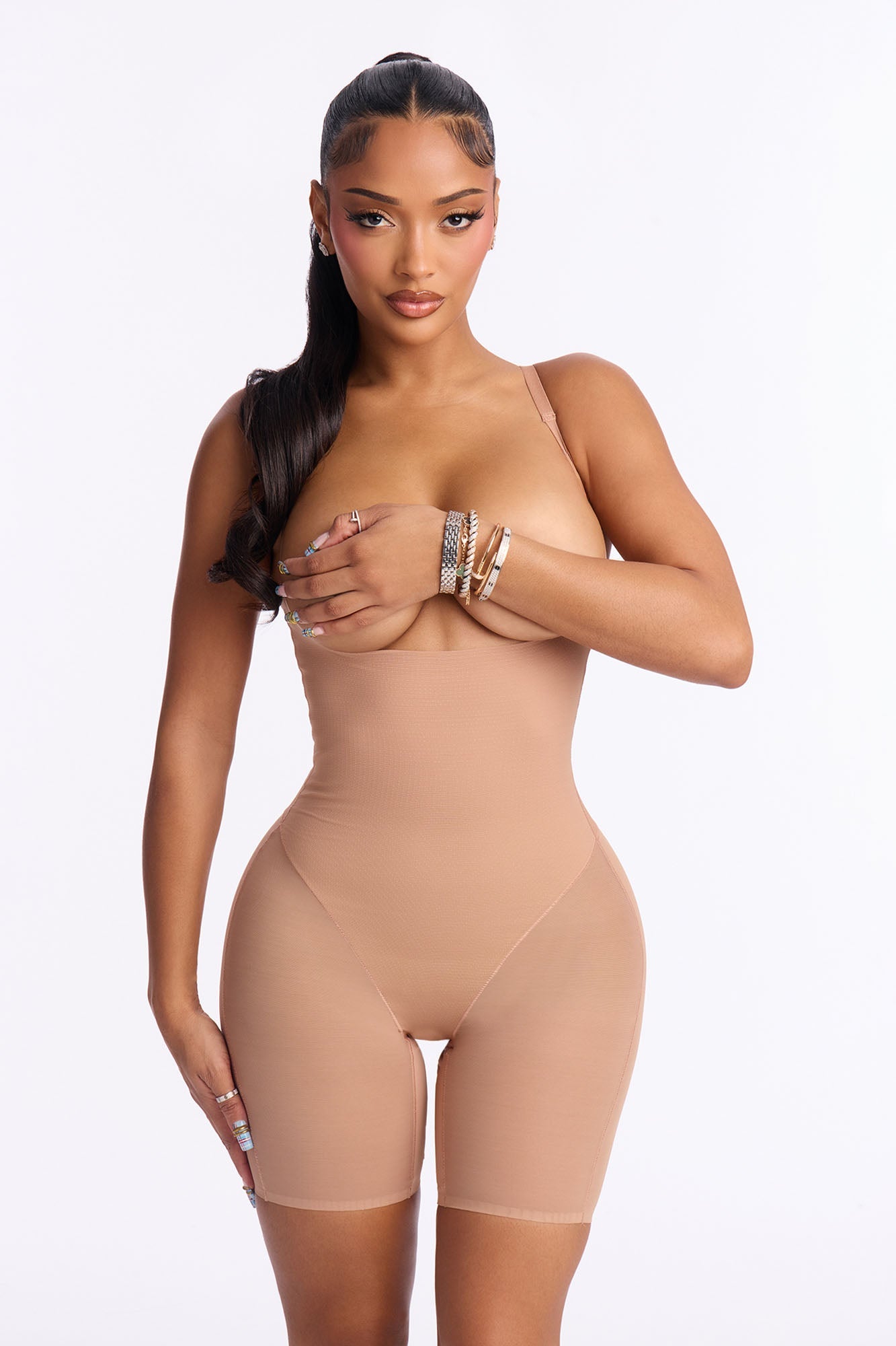 Microfiber Power Mesh Open Bust Butt Shaping Bodysuit - Nude