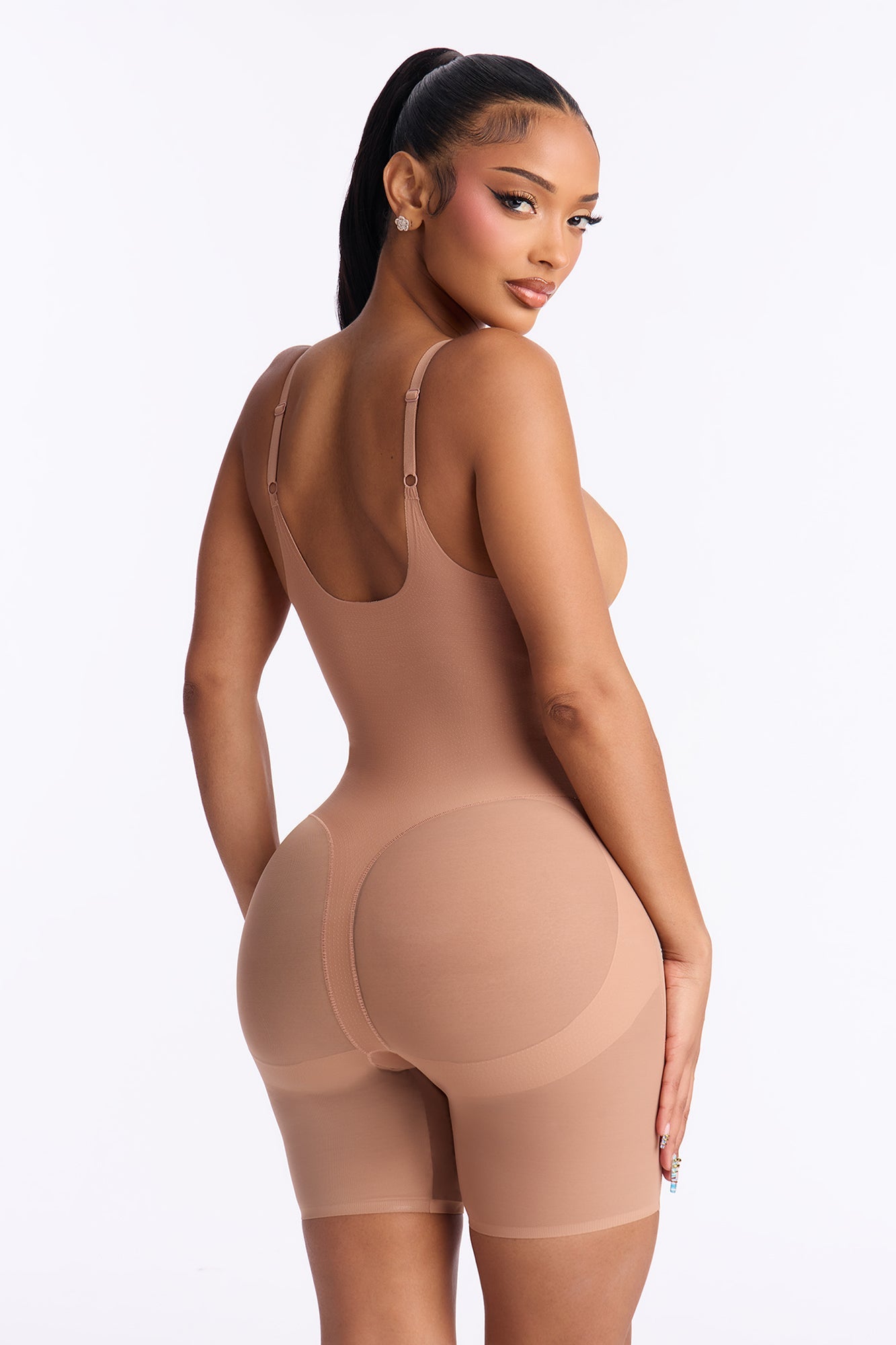 Microfiber Power Mesh Open Bust Butt Shaping Bodysuit - Nude