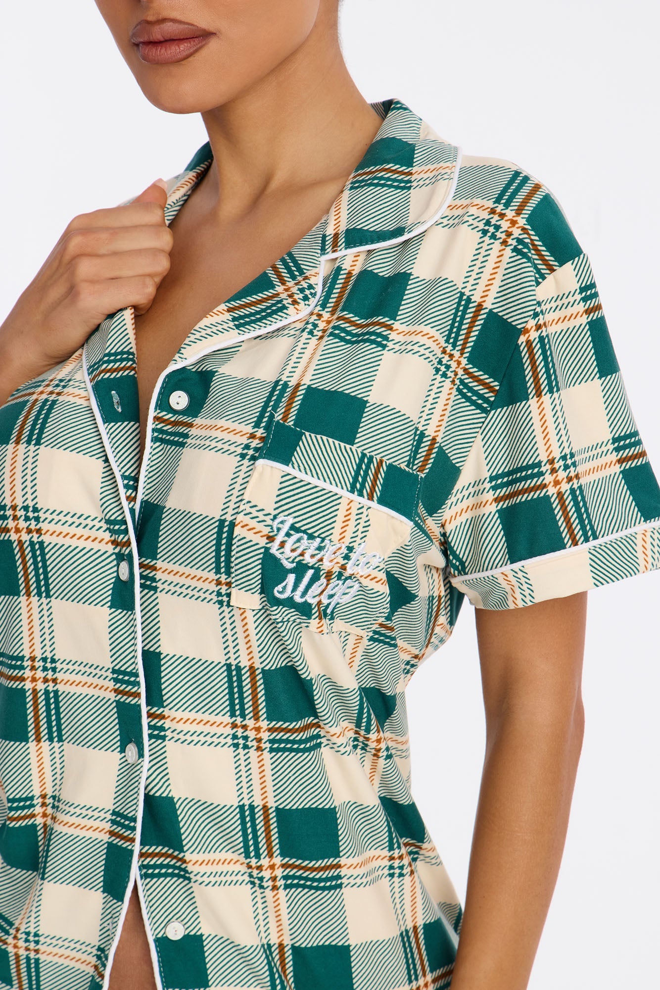 Love To Sleep Embroidered Short Sleeve PJ Short Set - Green/combo