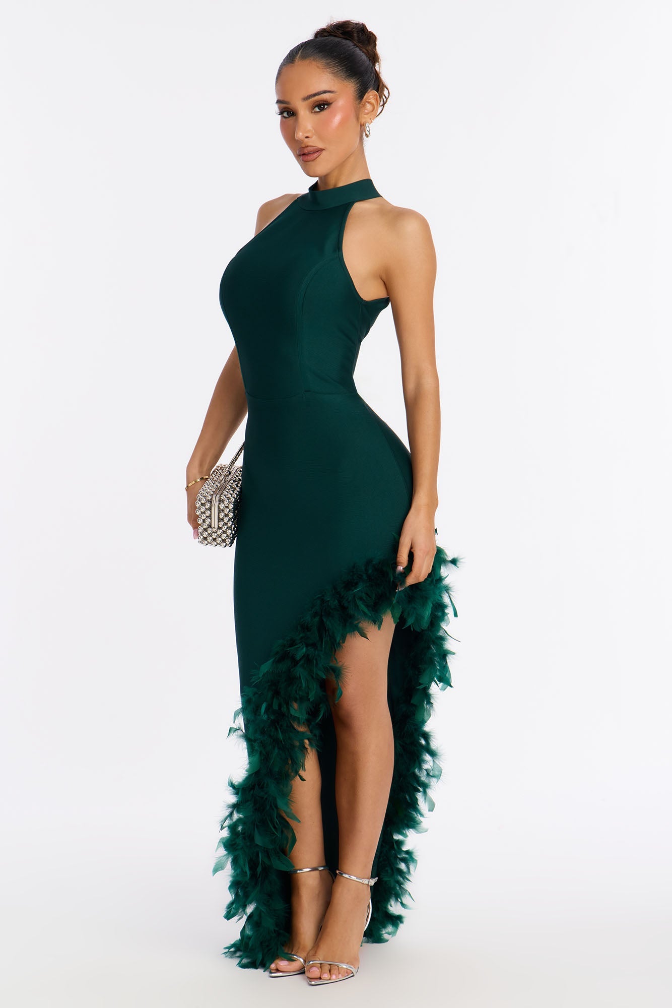Jorgie Feathered Bandage Gown - Hunter