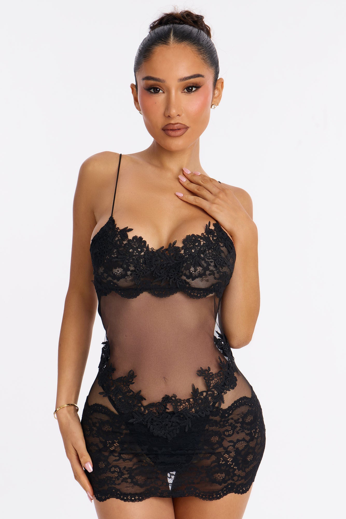 Love Alchemy Mesh Embroidered Chemise - Black