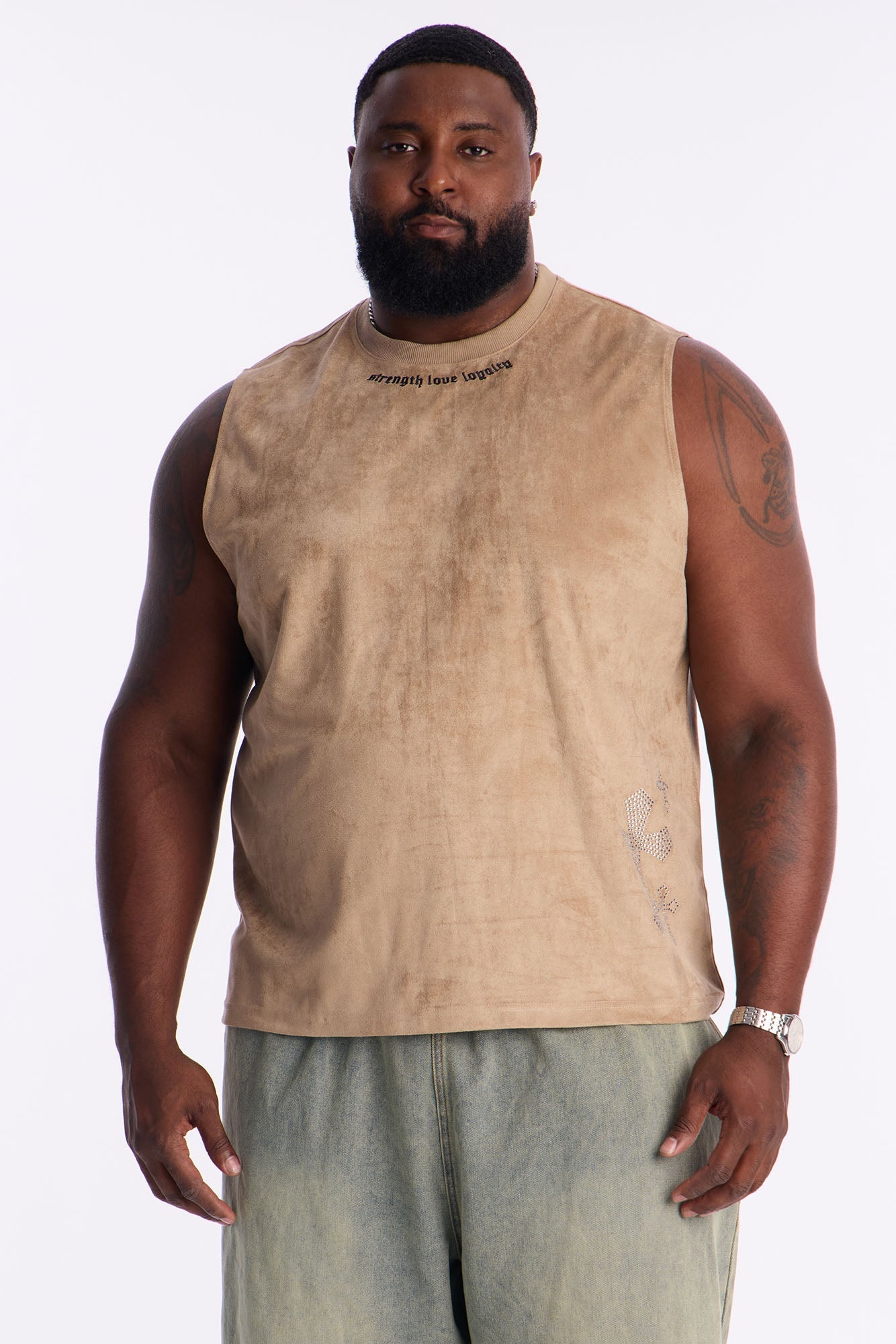Studded Cross Faux Suede Muscle Tee - Stone
