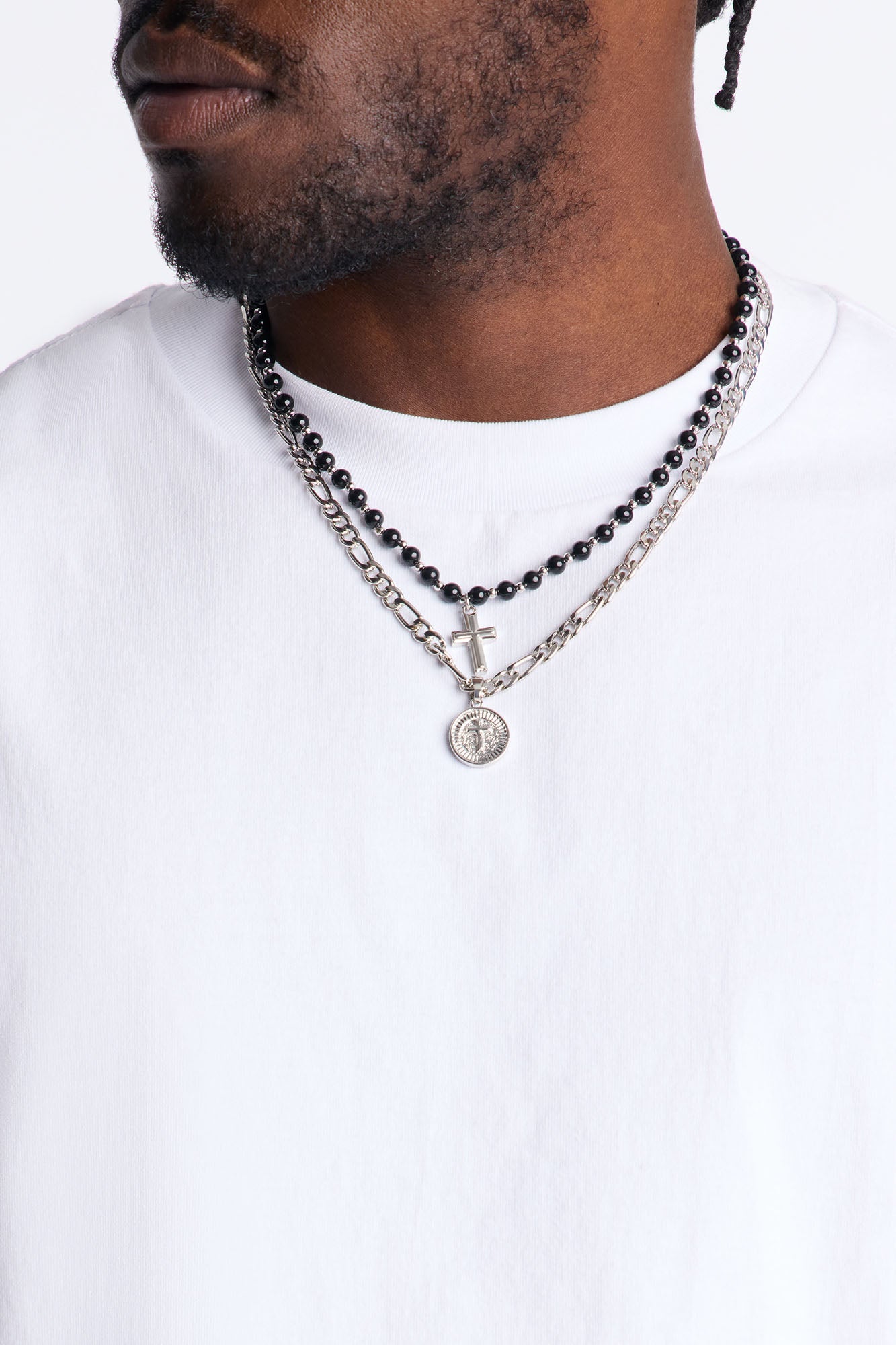Beaded Rocker Cross Pendant Necklace Set - Silver/Combo
