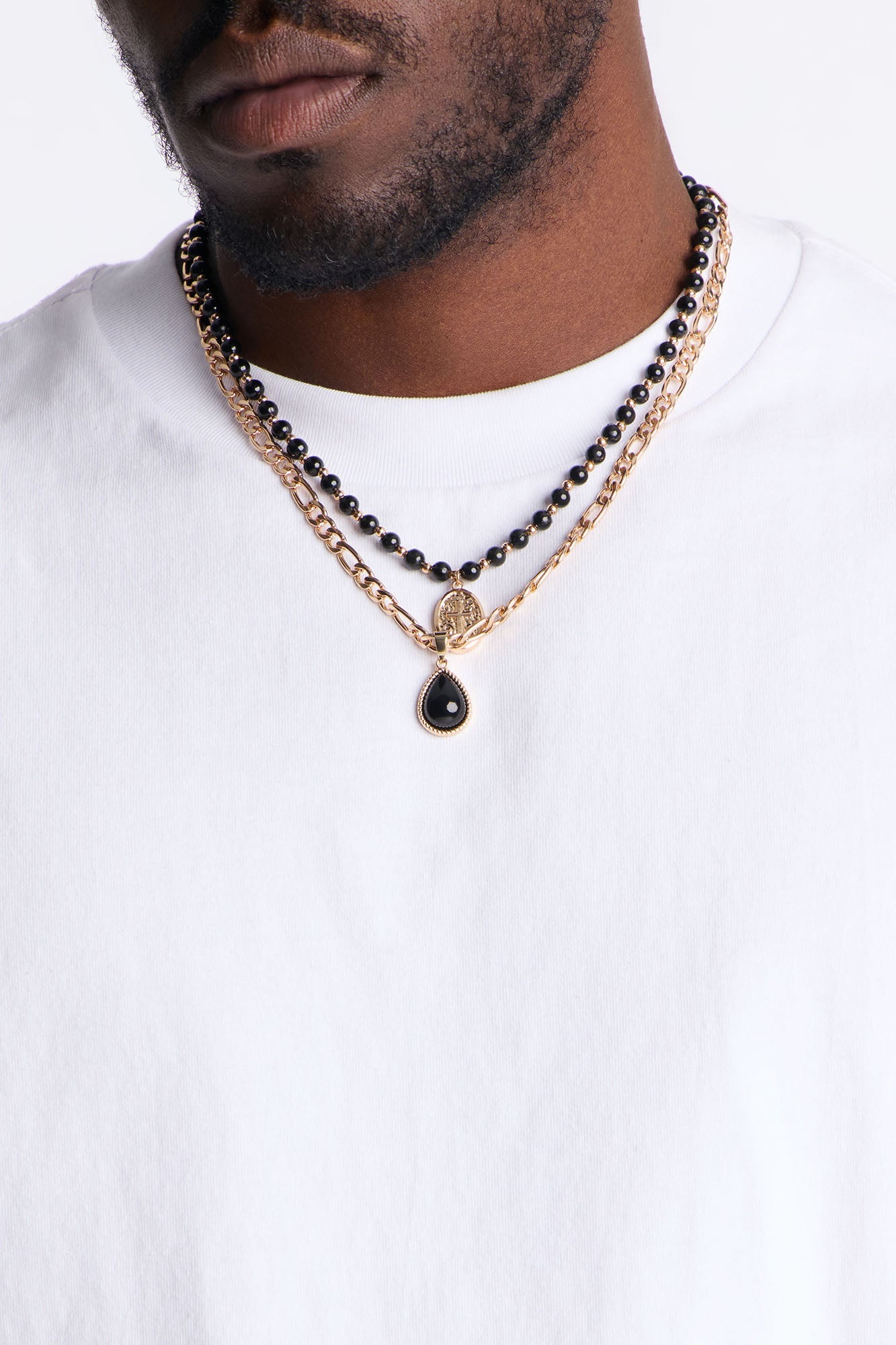 Vibe Check Beaded Cross Pendant Necklace Set - Gold/Black