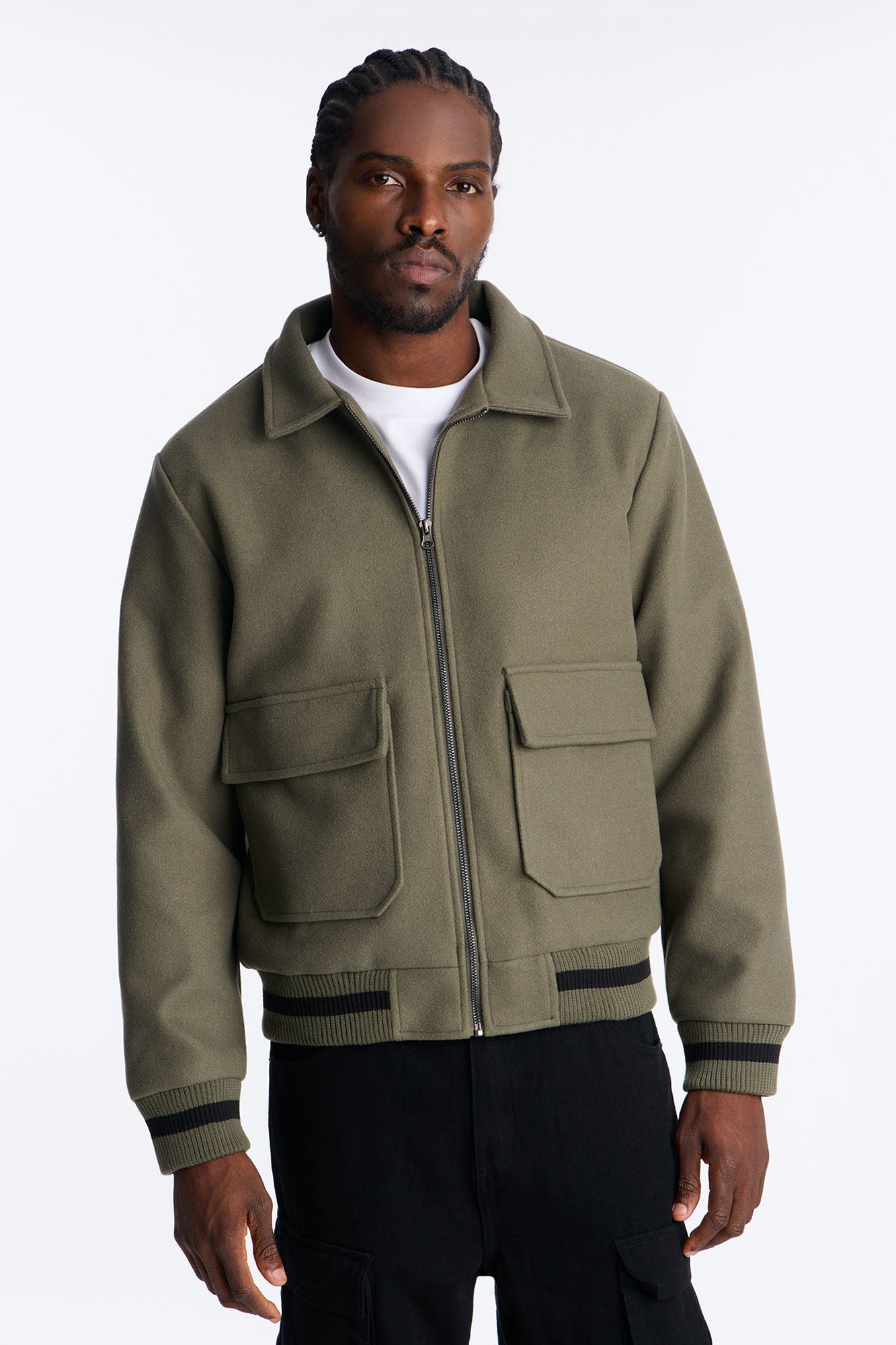 Retro Rib Wool Varsity Jacket - Olive
