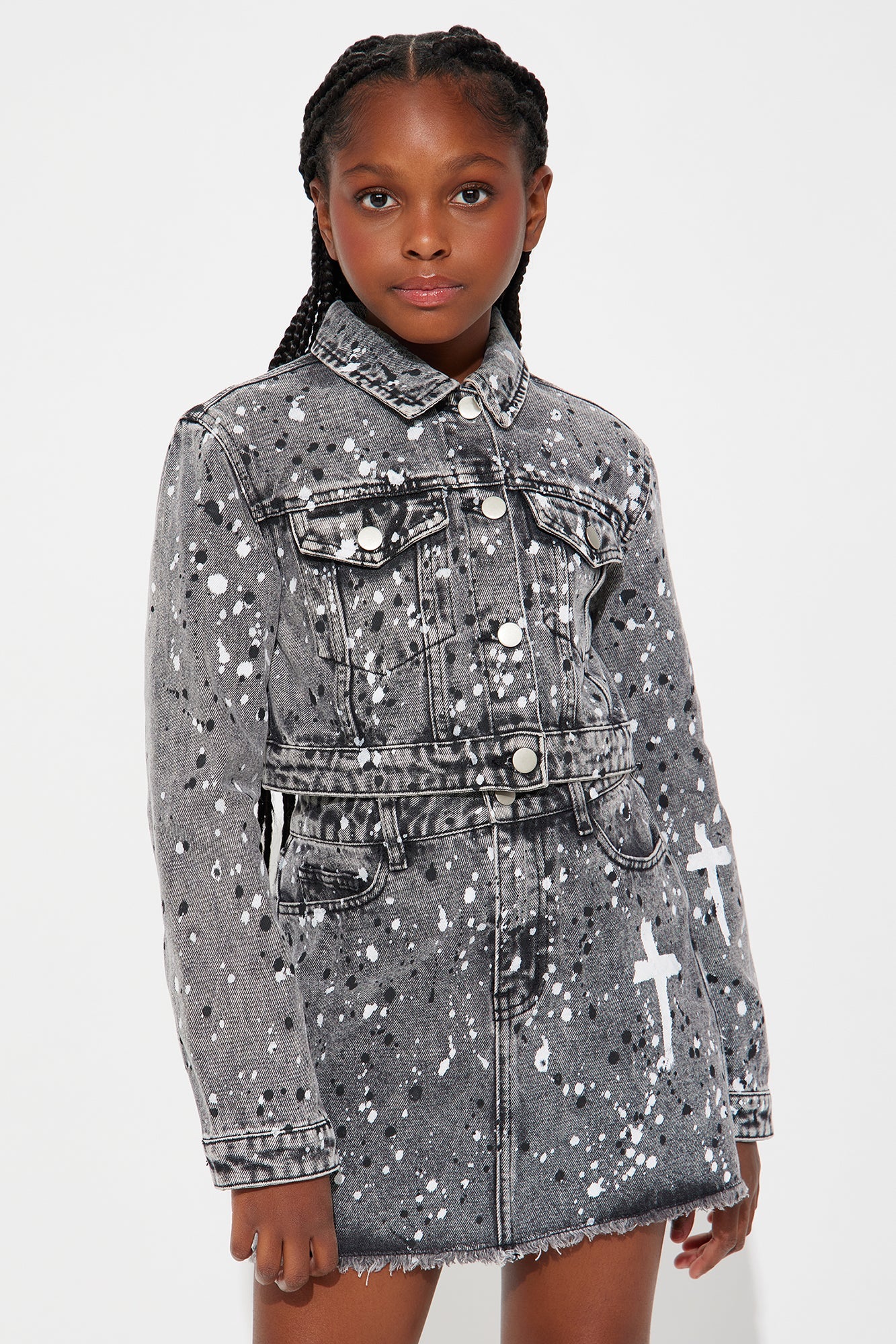 Mini Graffiti Girl Denim Skirt Set - Grey