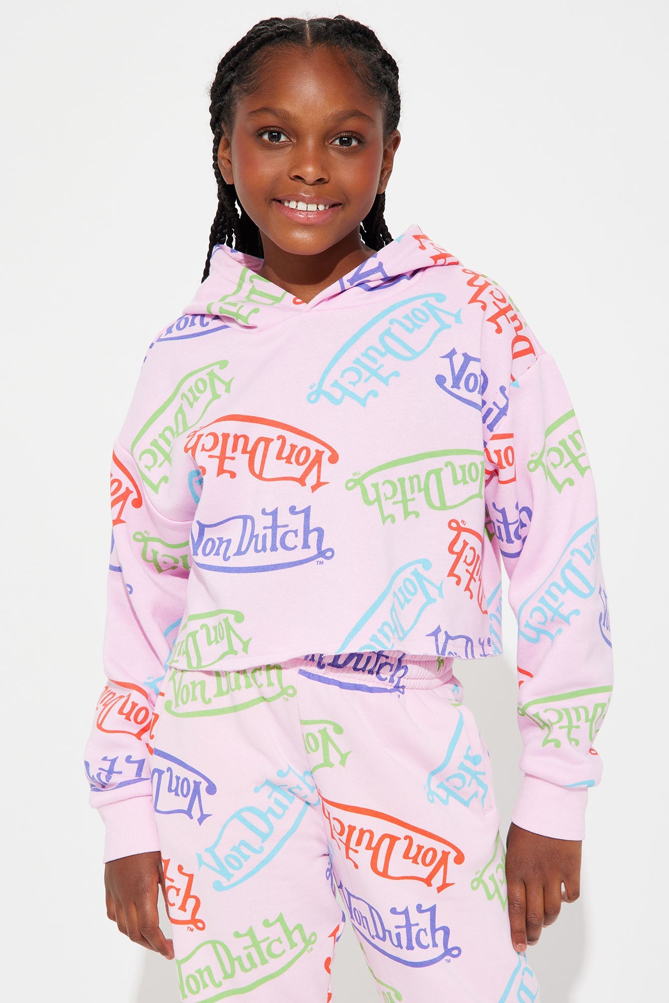 Mini Von Dutch Colorful Logo Cropped Hoodie - Pink/combo