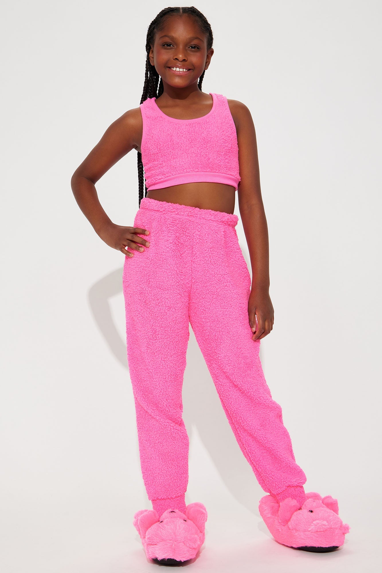 Mini See You Around 3 Piece Sherpa Pant Set - Fuchsia