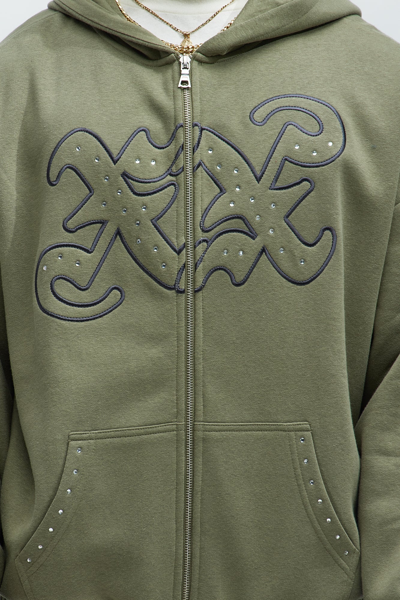 Tyson Rhinestone Oversized Zip Up Hoodie - Olive