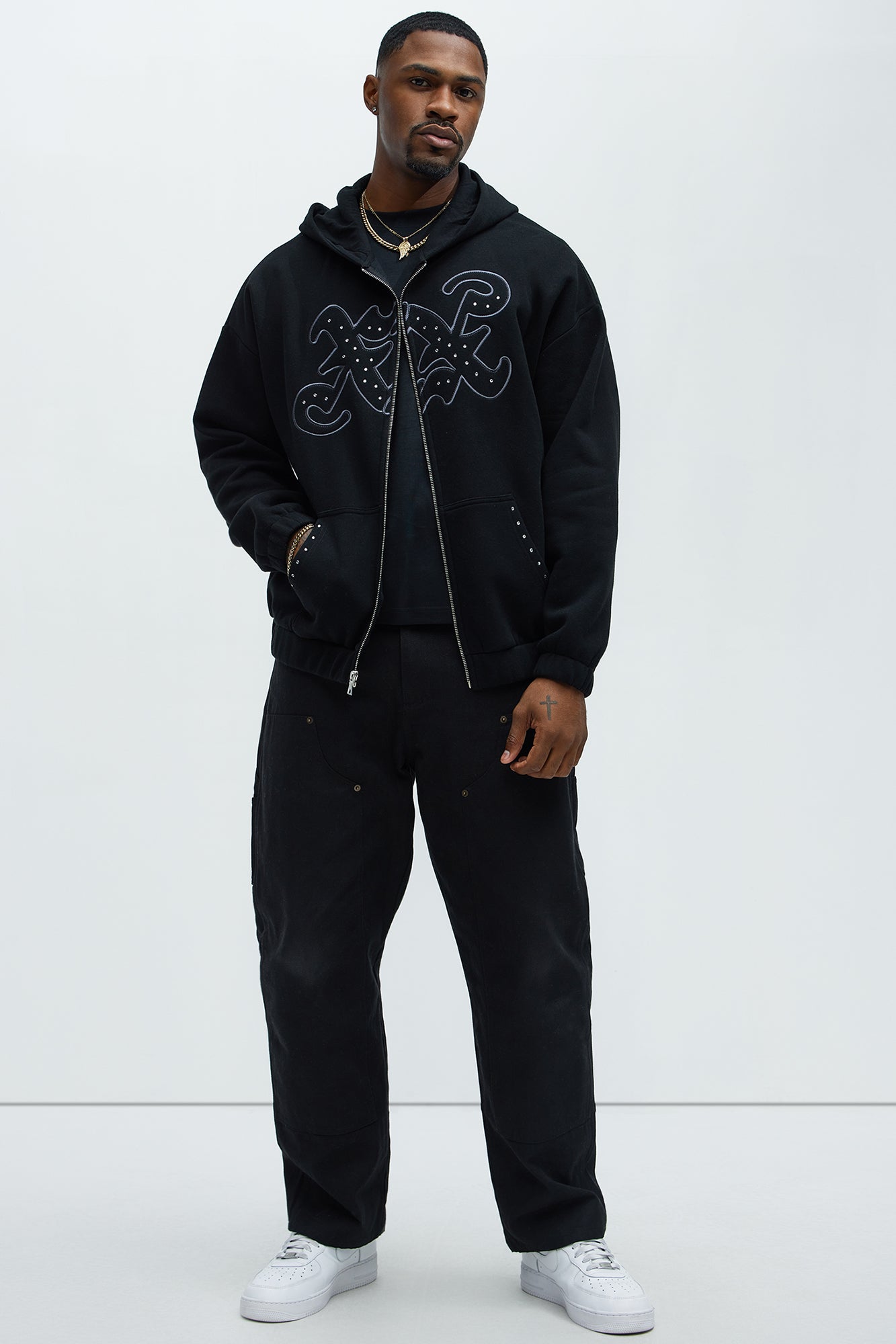 Tyson Rhinestone Oversized Zip Up Hoodie - Black