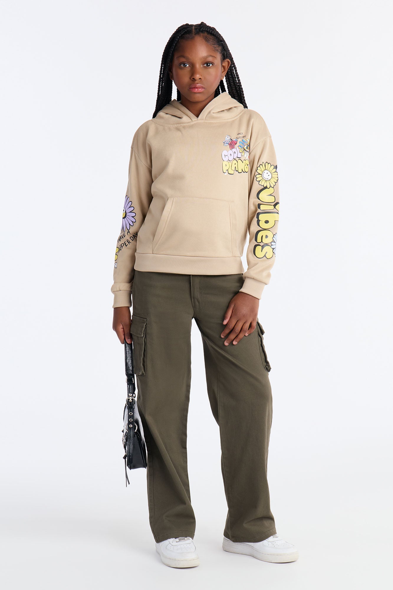 Mini Cool Plans Front/Back Fleece Hoodie - Beige