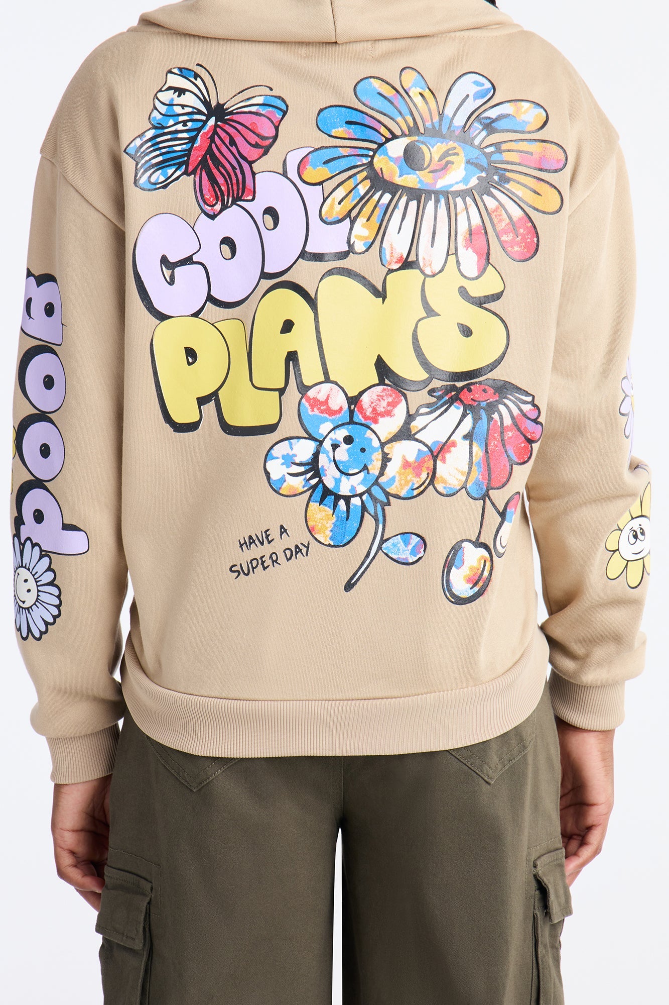 Mini Cool Plans Front/Back Fleece Hoodie - Beige
