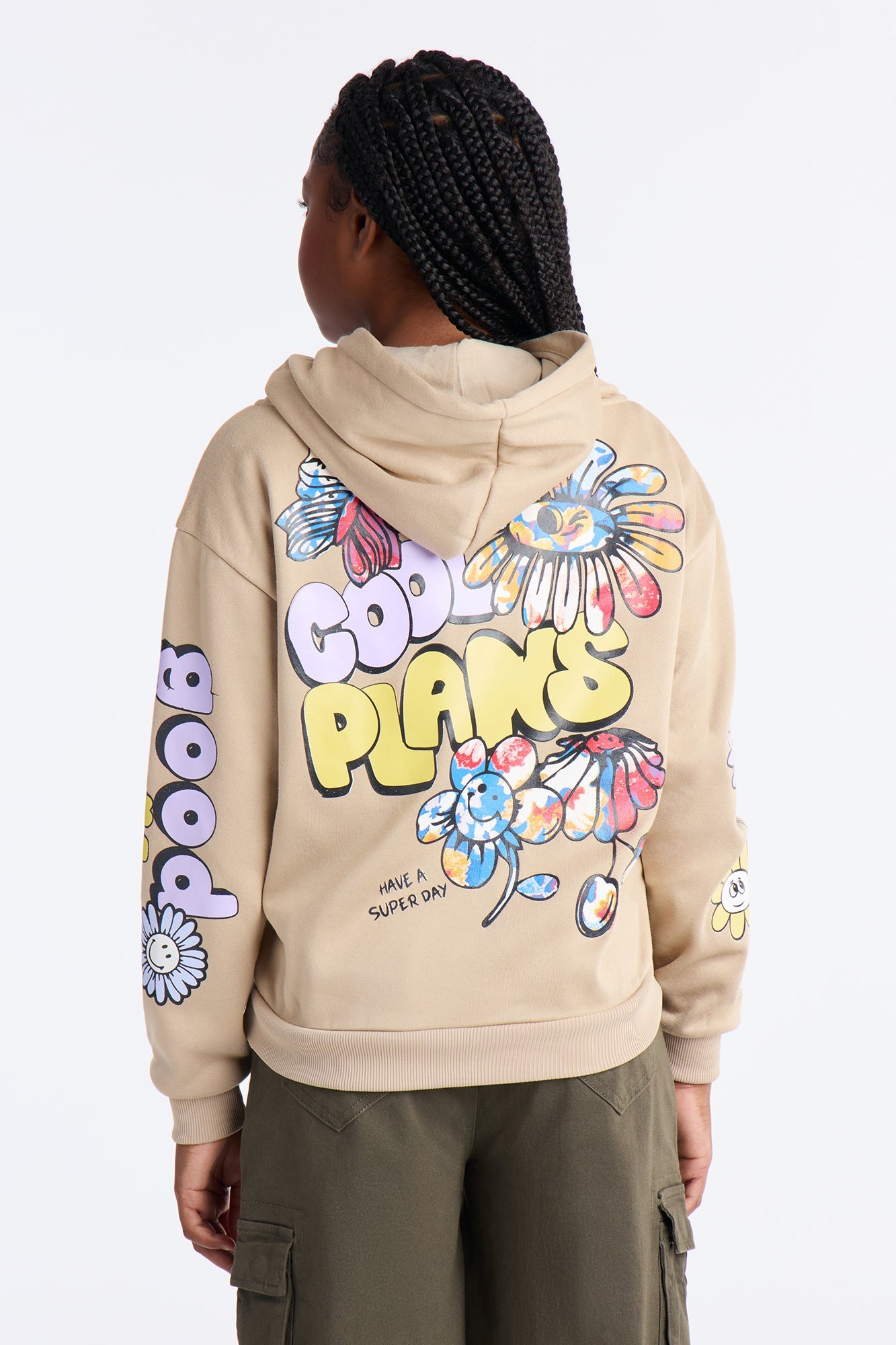 Mini Cool Plans Front/Back Fleece Hoodie - Beige