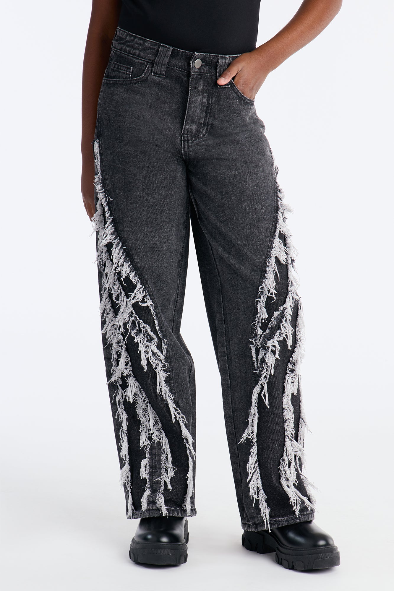 Mini In Control Frayed Wide Leg Jeans - Black