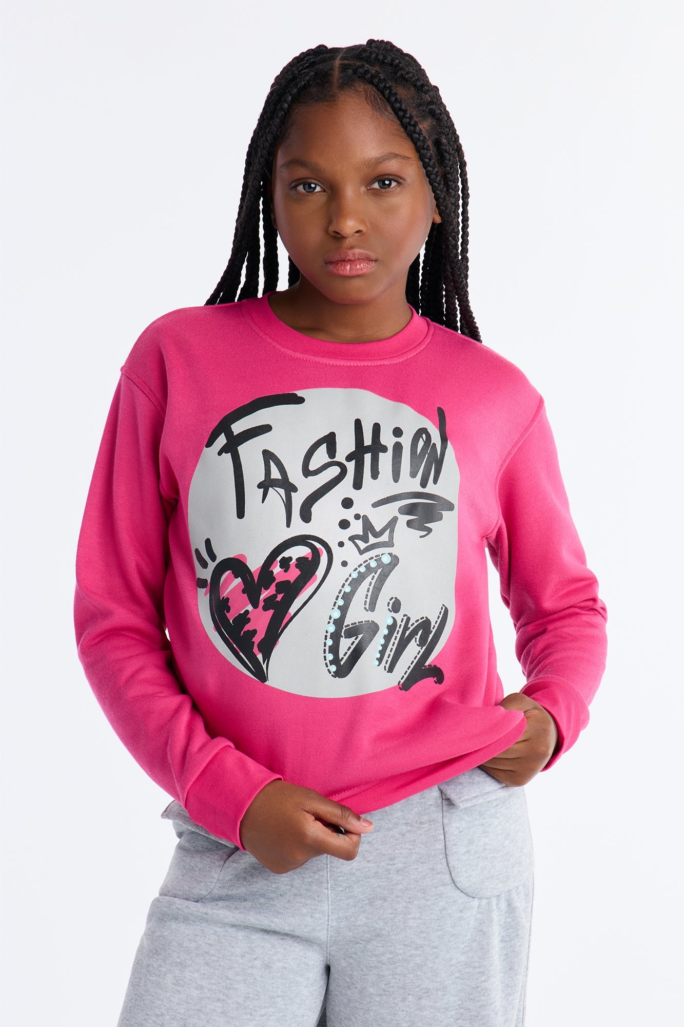Mini Fashion Girl Crew Neck Sweatshirt - Hot Pink