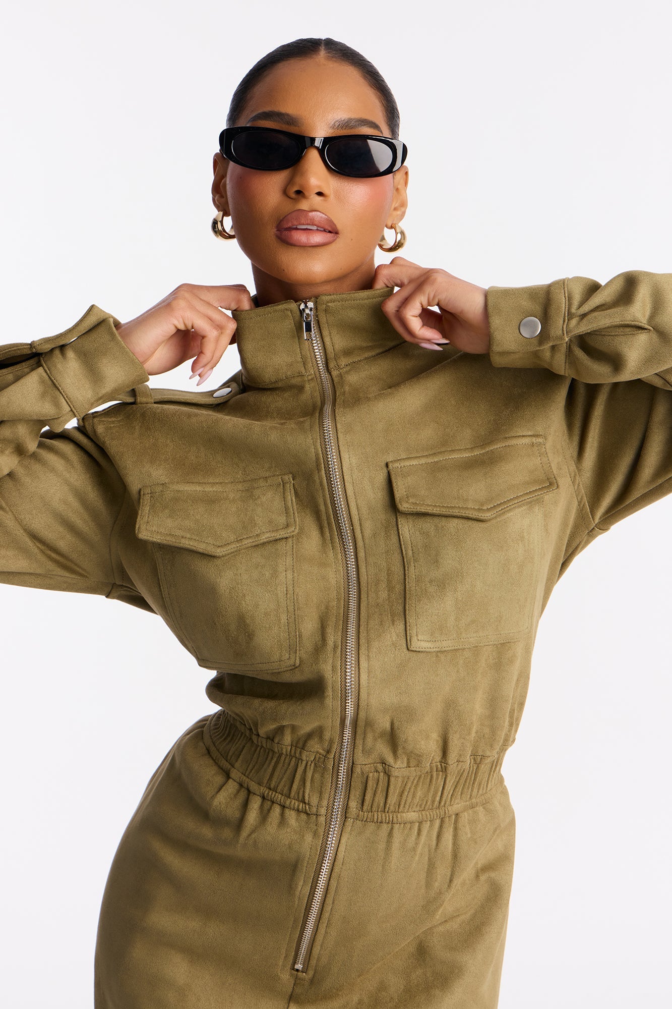 Sofia Suede Long Sleeve Cargo Jogger Jumpsuit - Olive