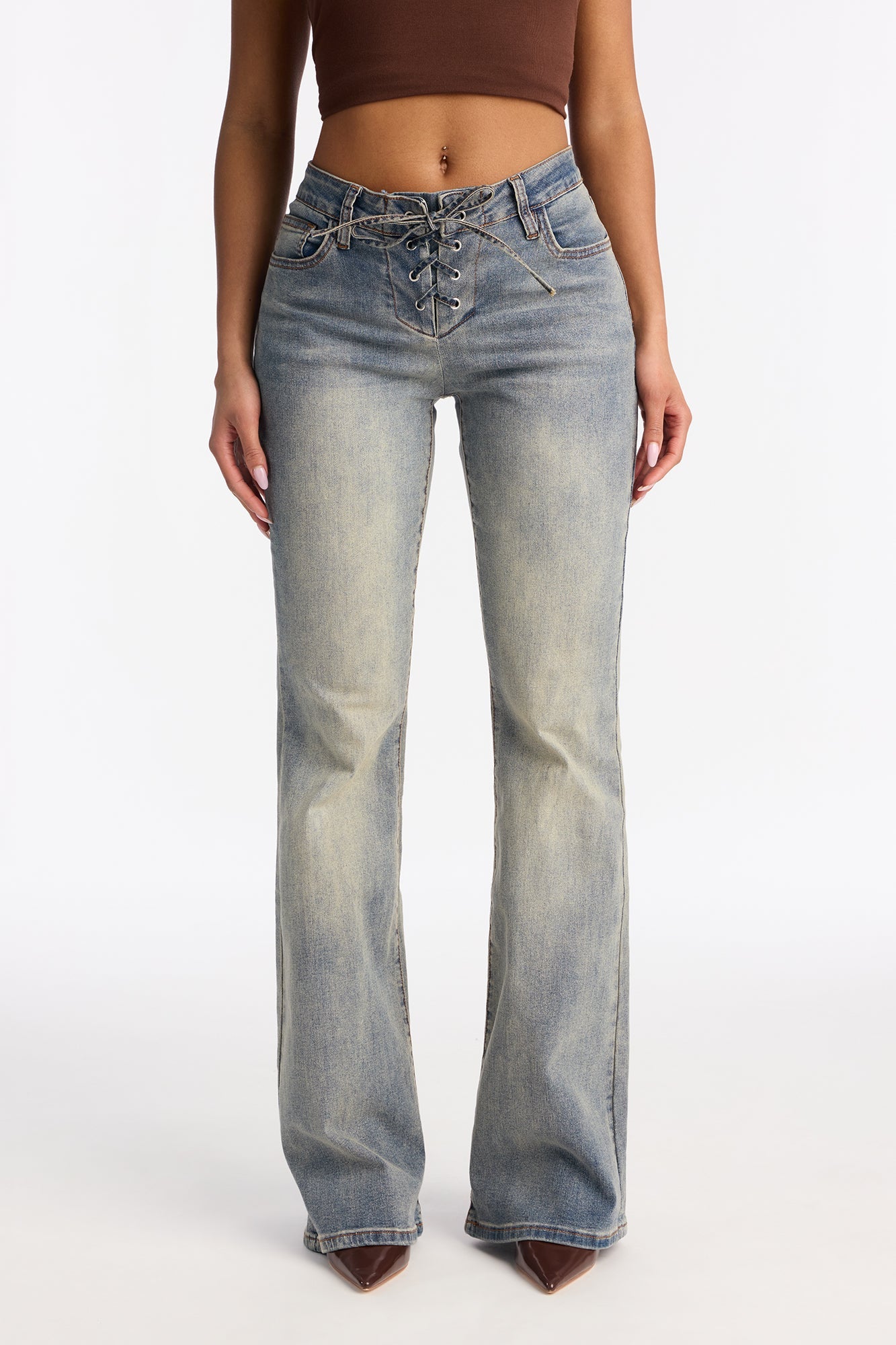Tie Me Up Lace Up Flare Jeans - Vintage Wash