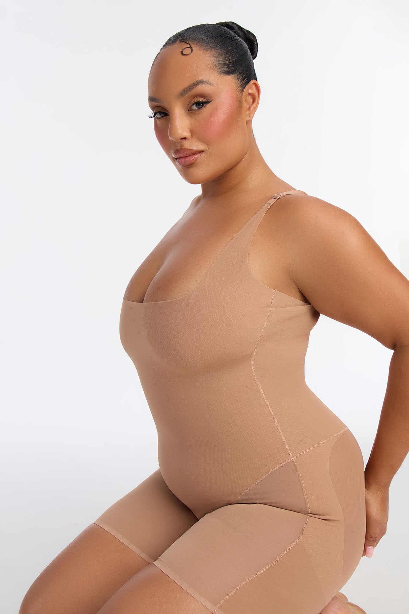 Microfiber Power Mesh Open Bust Butt Shaping Bodysuit - Nude