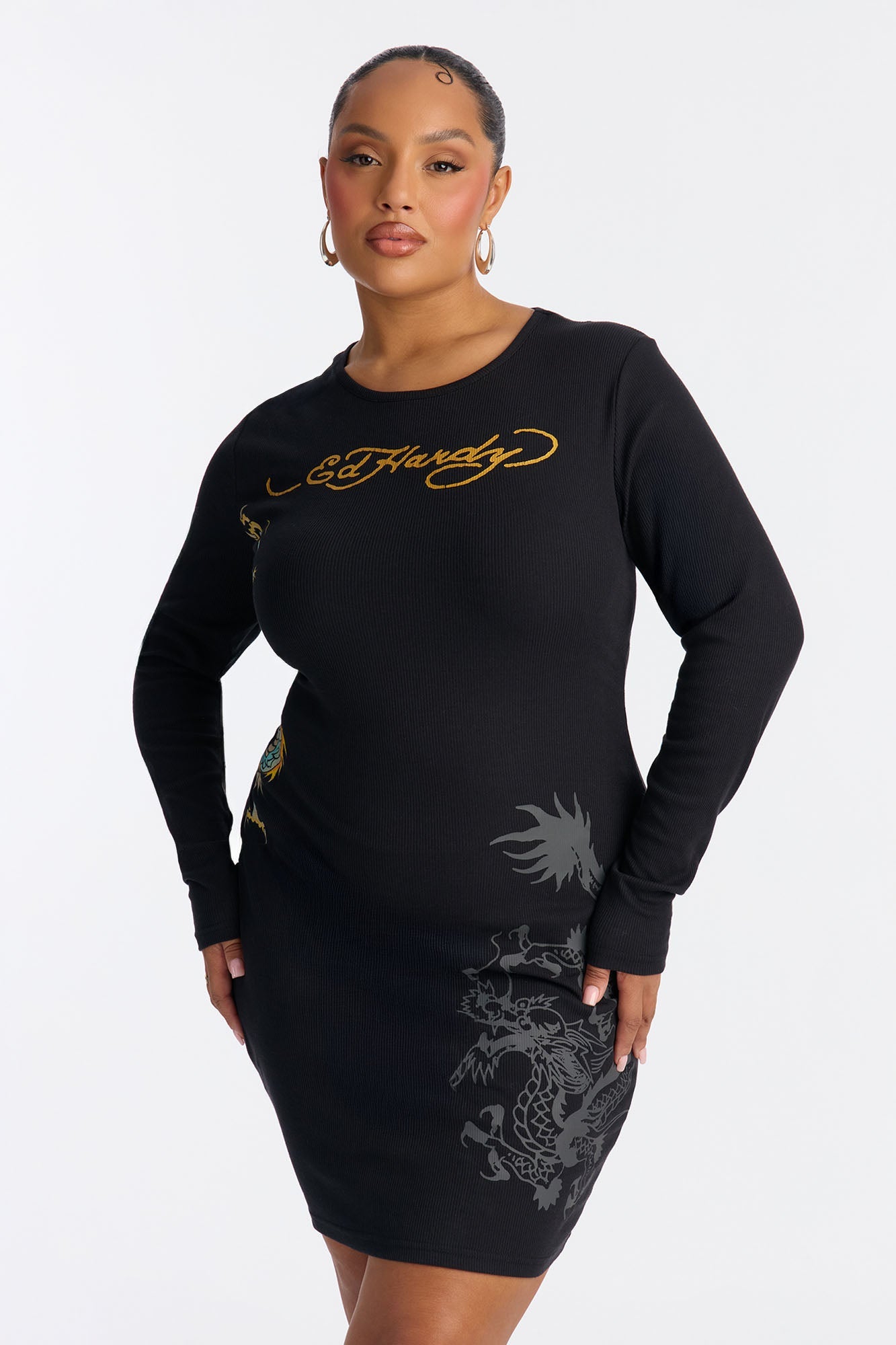 Ed Hardy Dragon Ribbed Mini Dress - Black