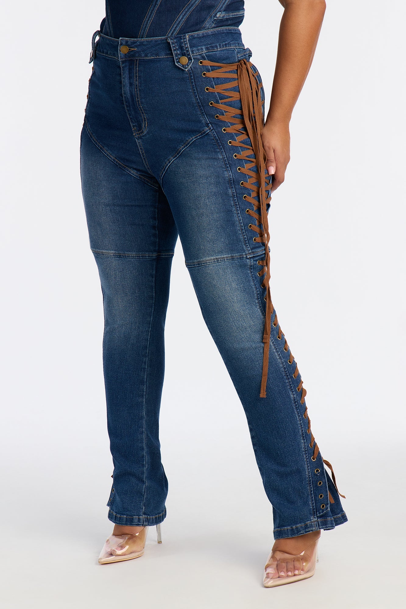 Petite Jaw Dropper Stretch Lace Up Bootcut Jeans - Dark Wash