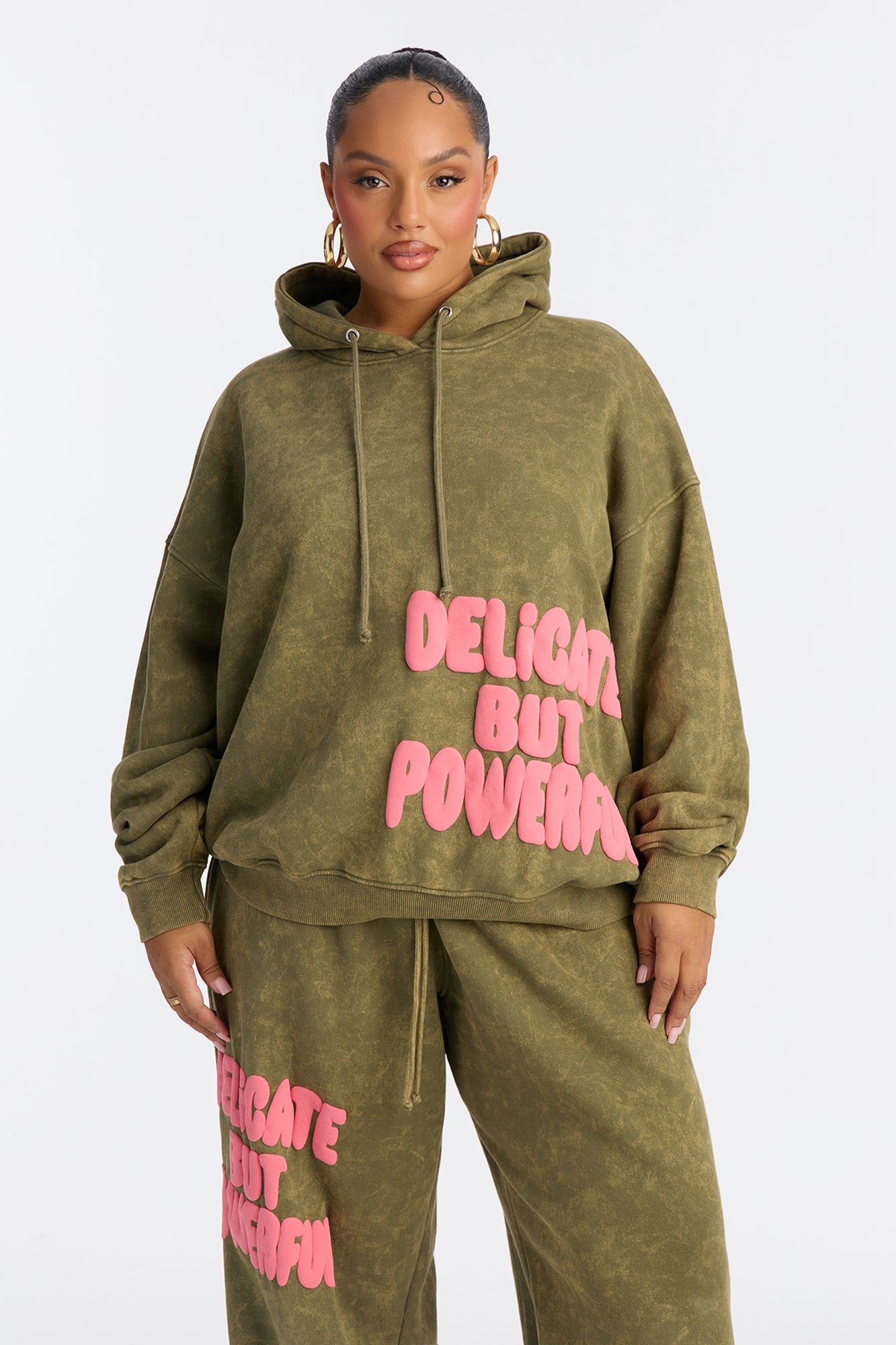 Delicate But Powerful Fleece Hoodie Pant Set - Olive