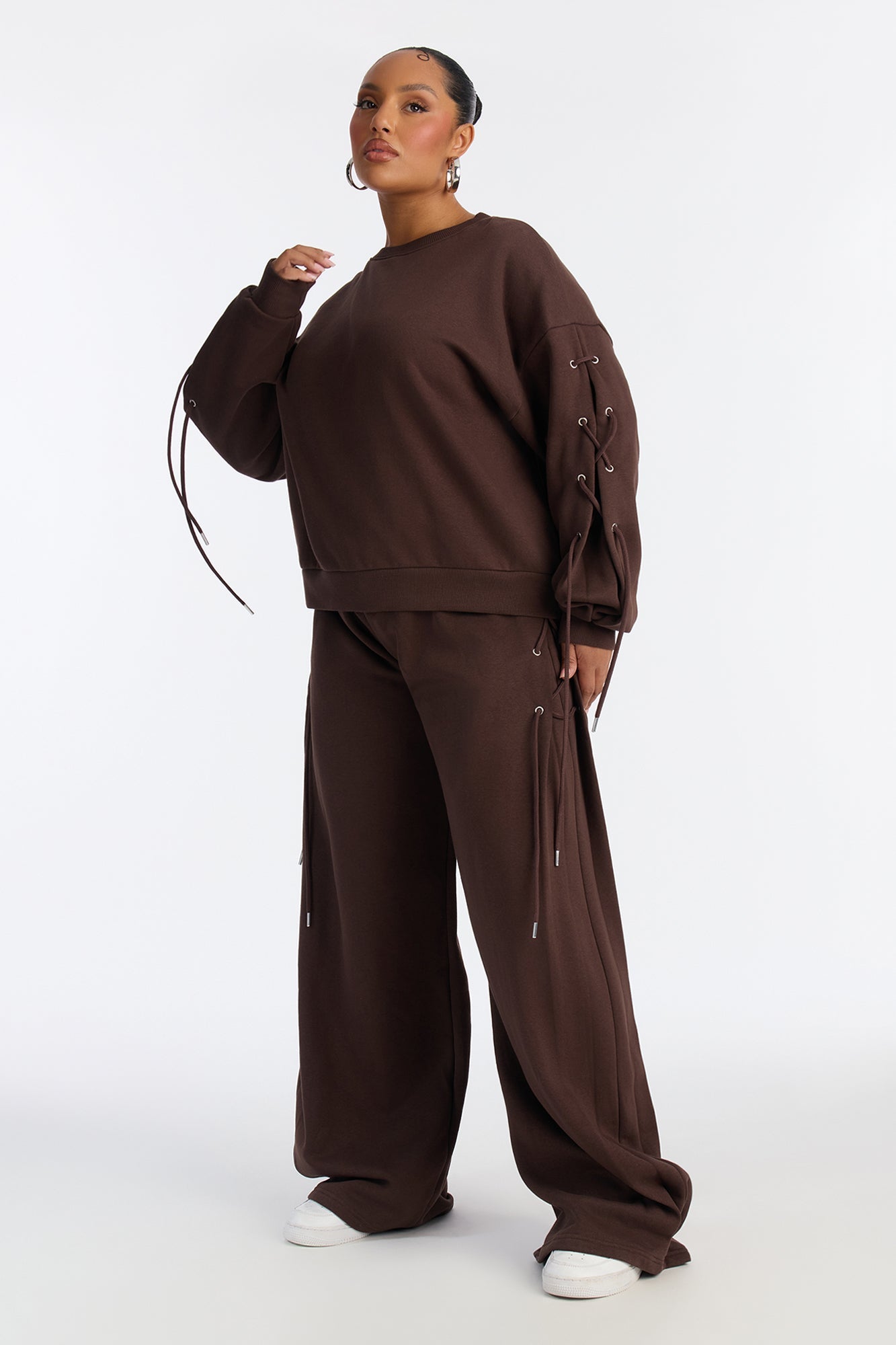 Caro Lace Up Sweatshirt Set - Brown