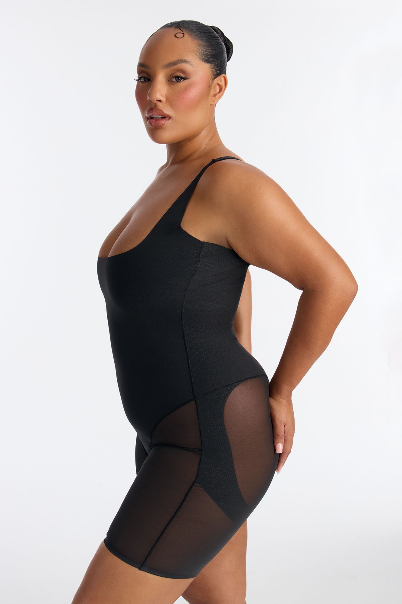 Microfiber Power Mesh Open Bust Butt Shaping Bodysuit - Black