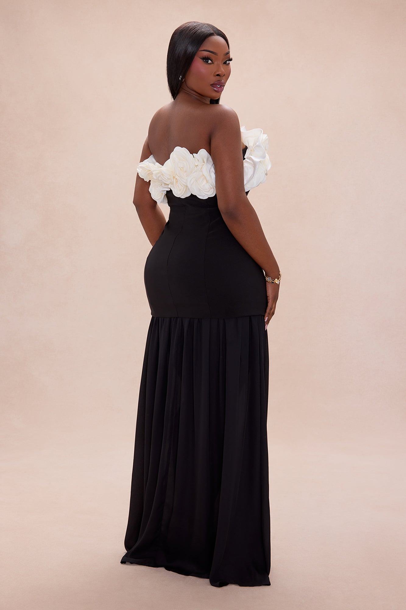 Julianna Drop Waist Rosette Gown - Black/White