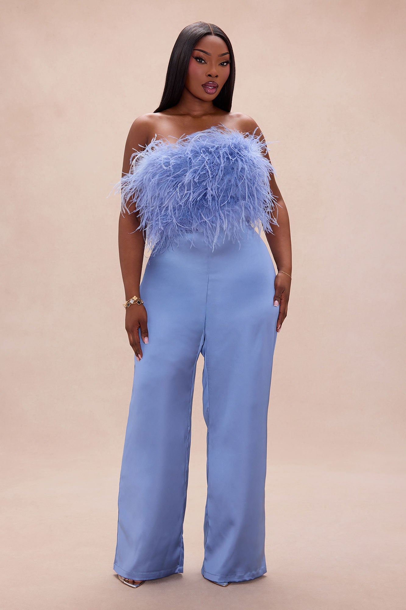Champagne Glow Feathered Pant Set - Dusty Blue