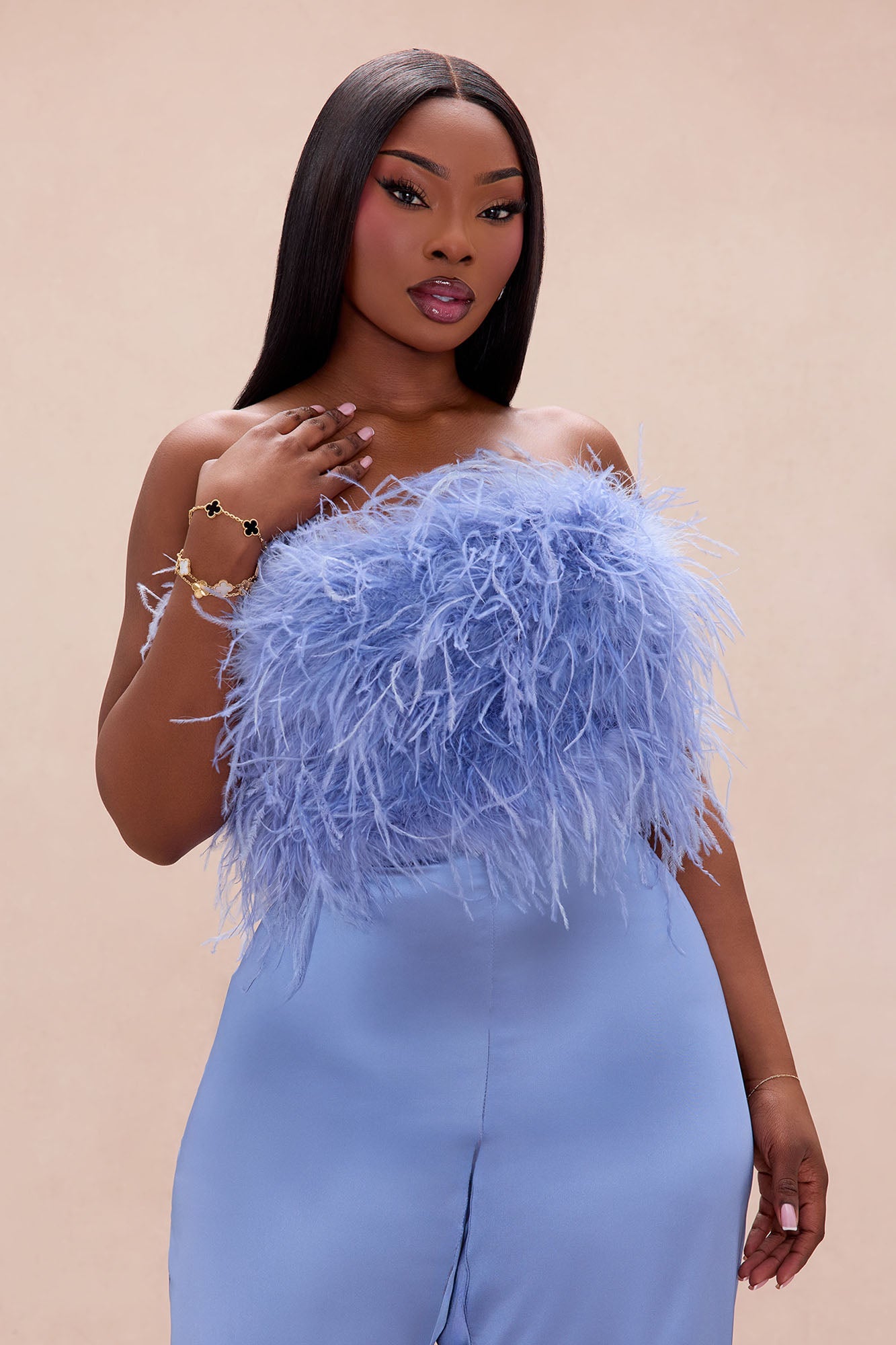 Champagne Glow Feathered Pant Set - Dusty Blue