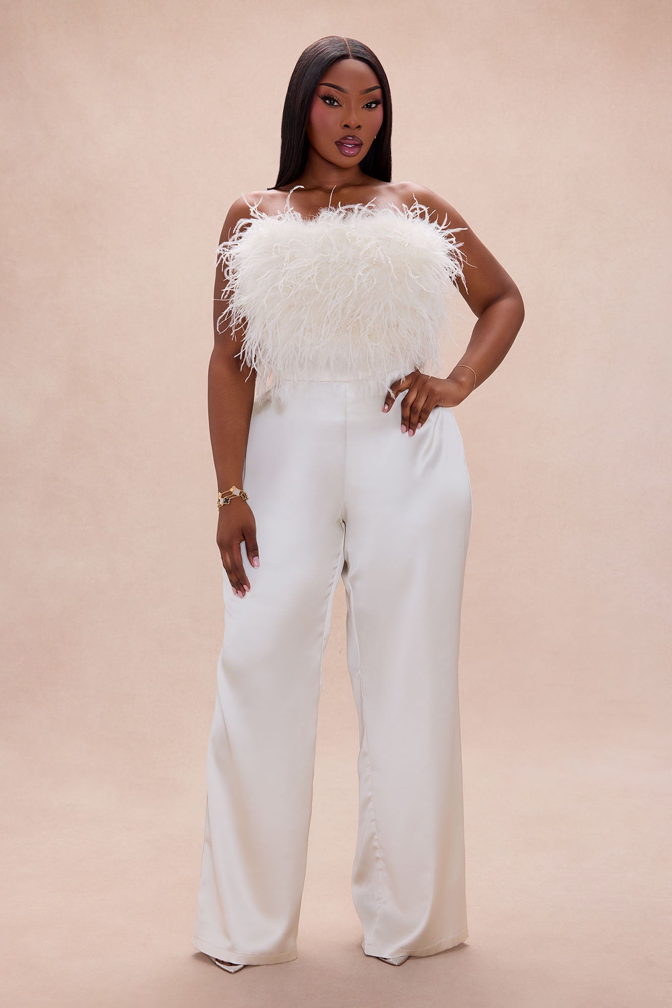 Champagne Glow Feathered Pant Set - Champagne