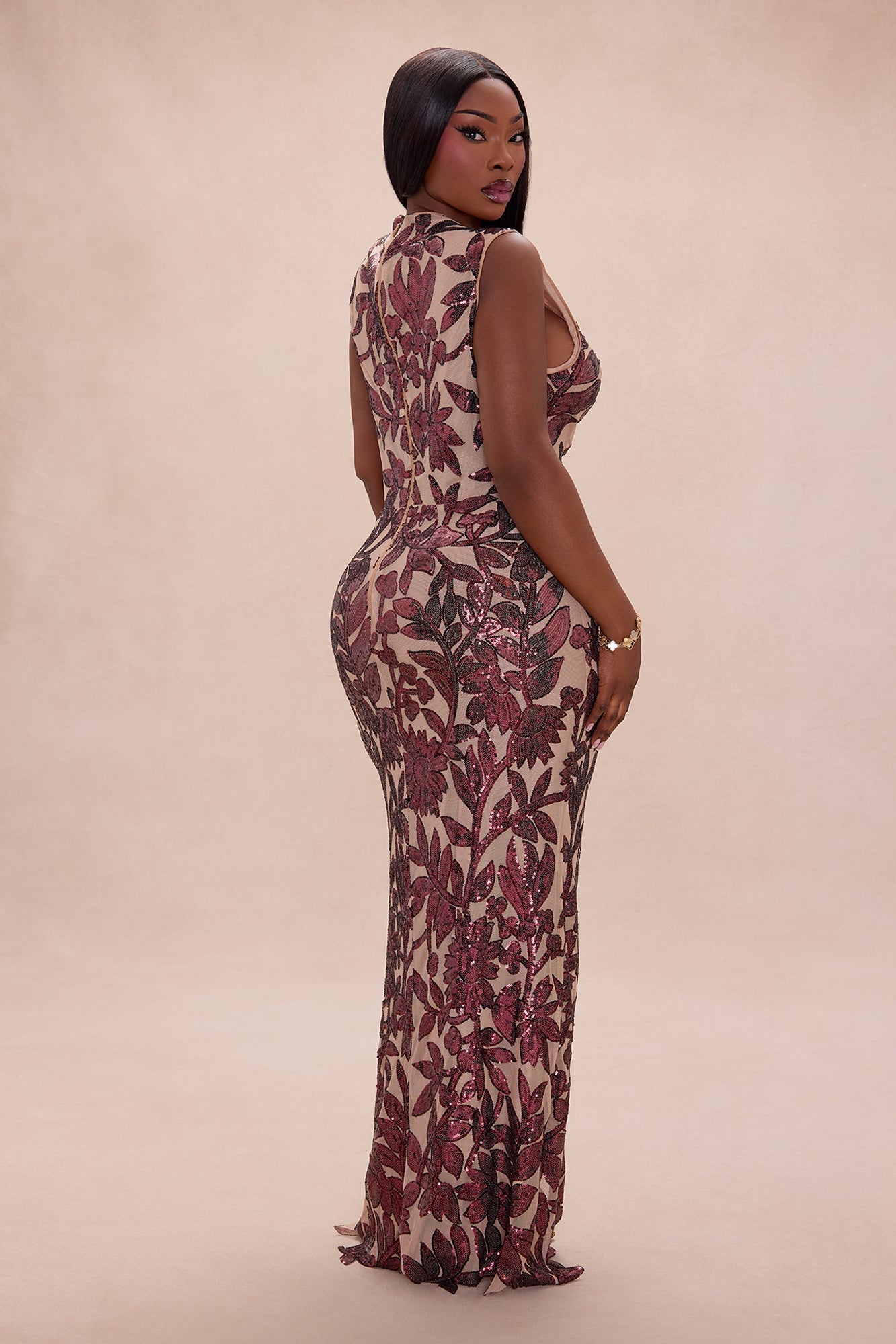 Cindy Floral Sequin Gown - Burgundy