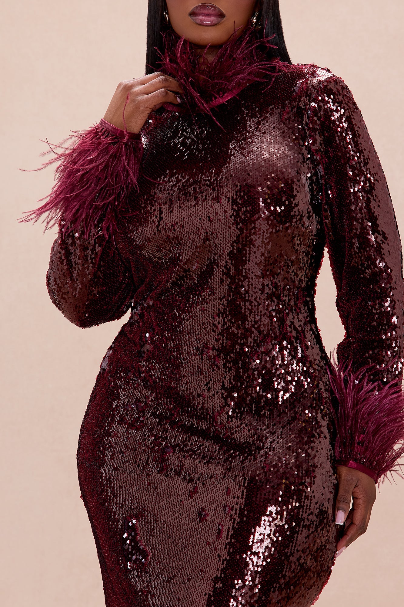 Robyn Sequin Feathered Maxi Dress - Burgundy