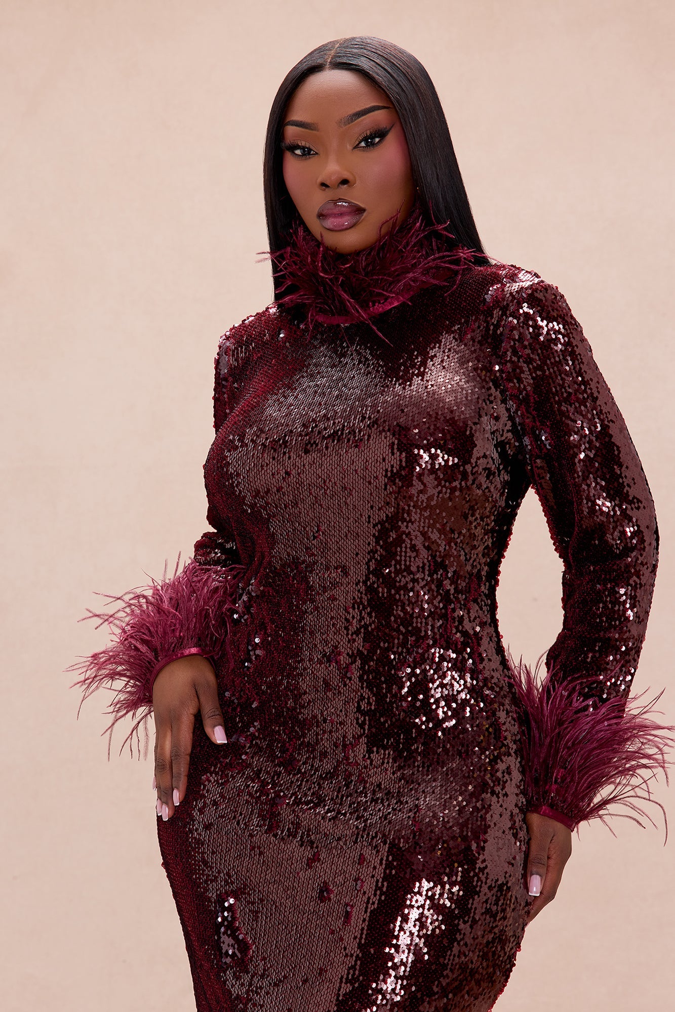 Robyn Sequin Feathered Maxi Dress - Burgundy
