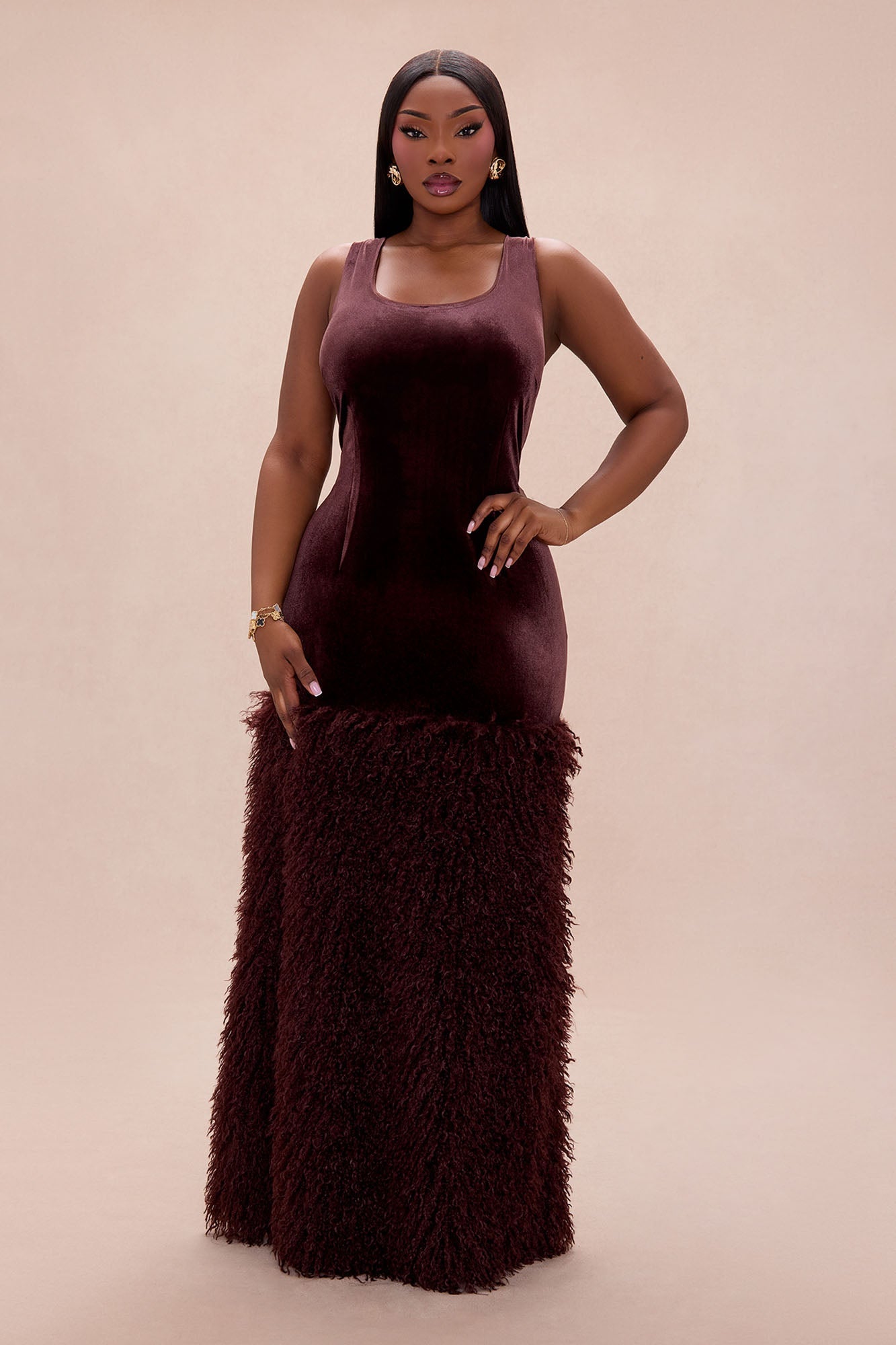 Star Studded Velvet Maxi Dress - Chocolate