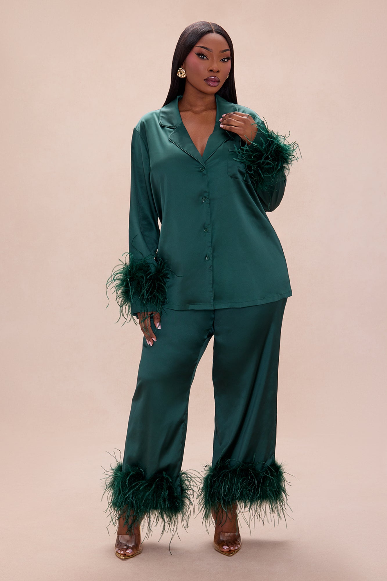 Alexandra Feathered Satin Pant Set - Hunter
