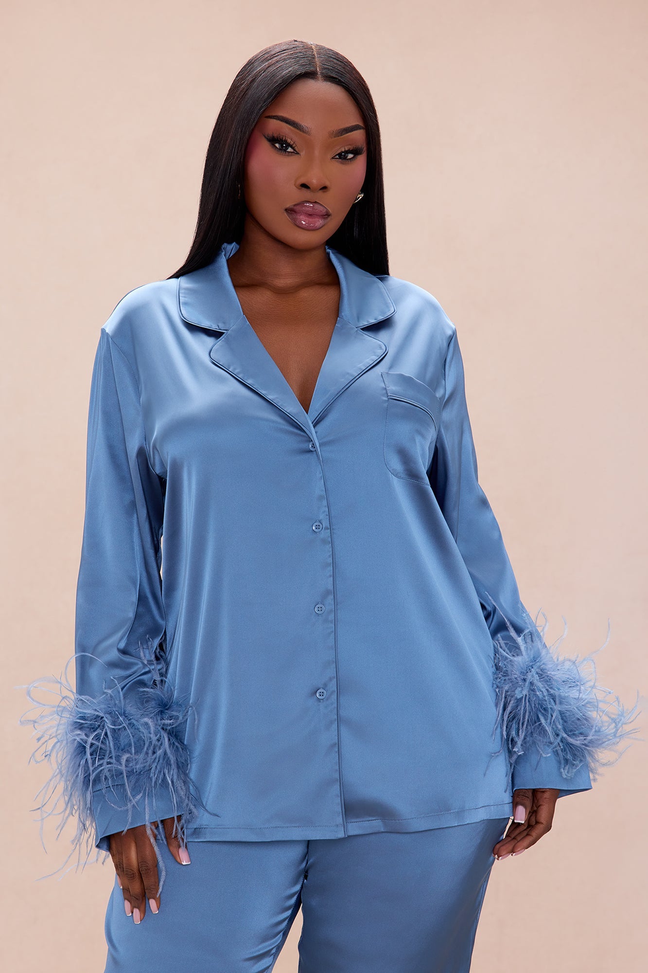 Alexandra Feathered Satin Pant Set - Slate Blue