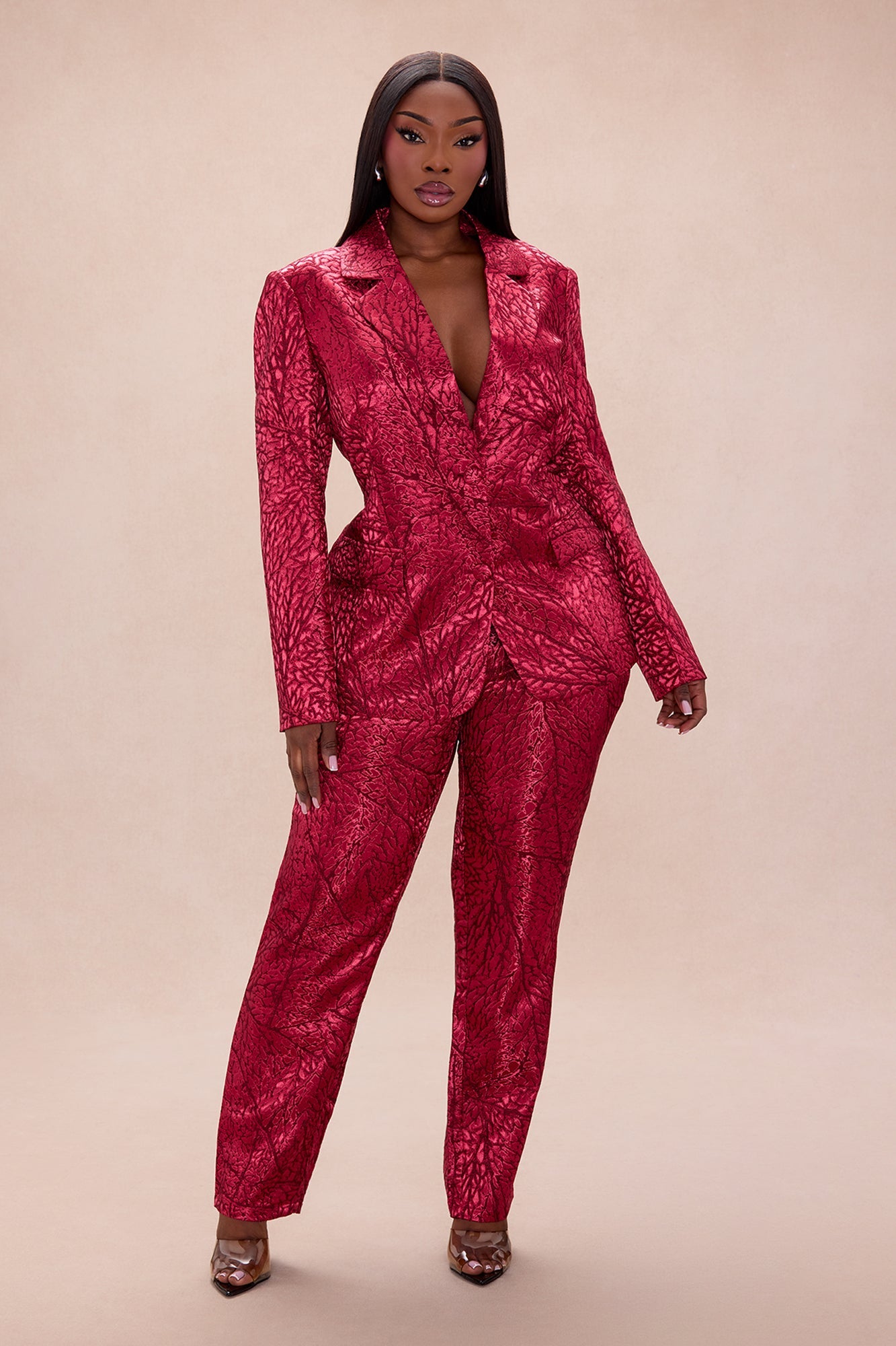 Blaire Jacquard Blazer Pant Set - Burgundy/combo