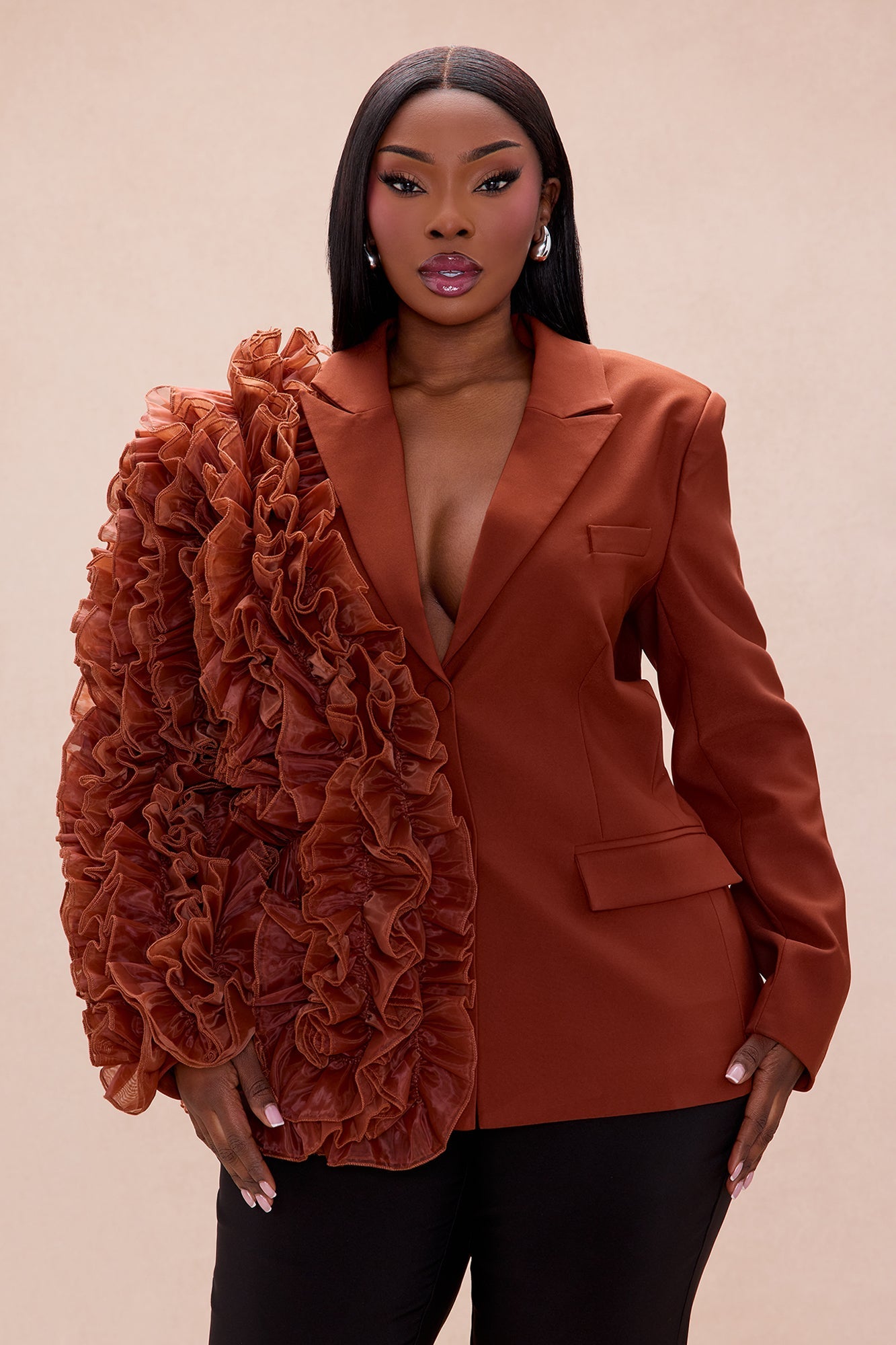 Camellia Ruffle Blazer - Brown
