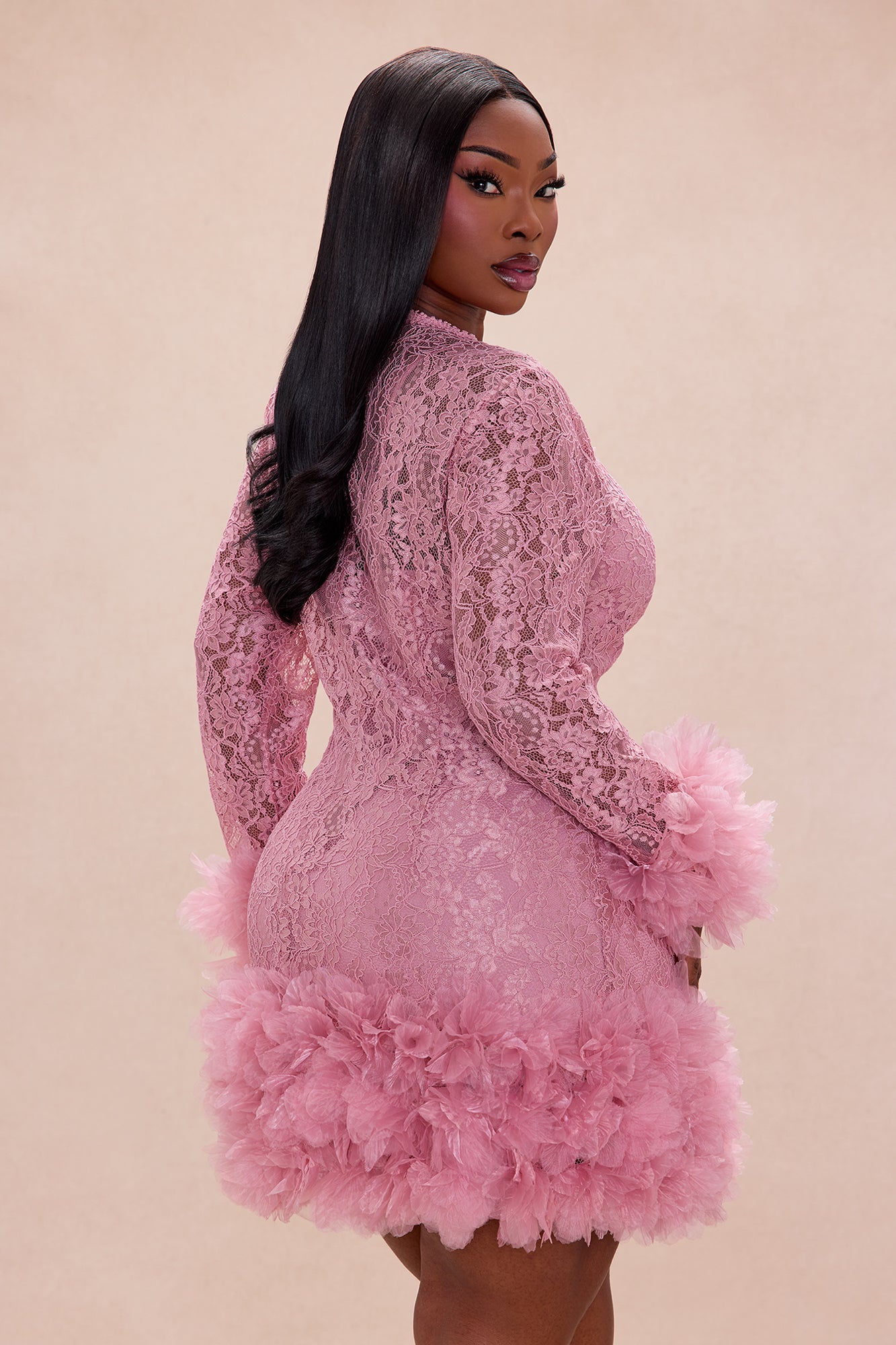 Janice 3D Applique Lace Mini Dress - Mauve