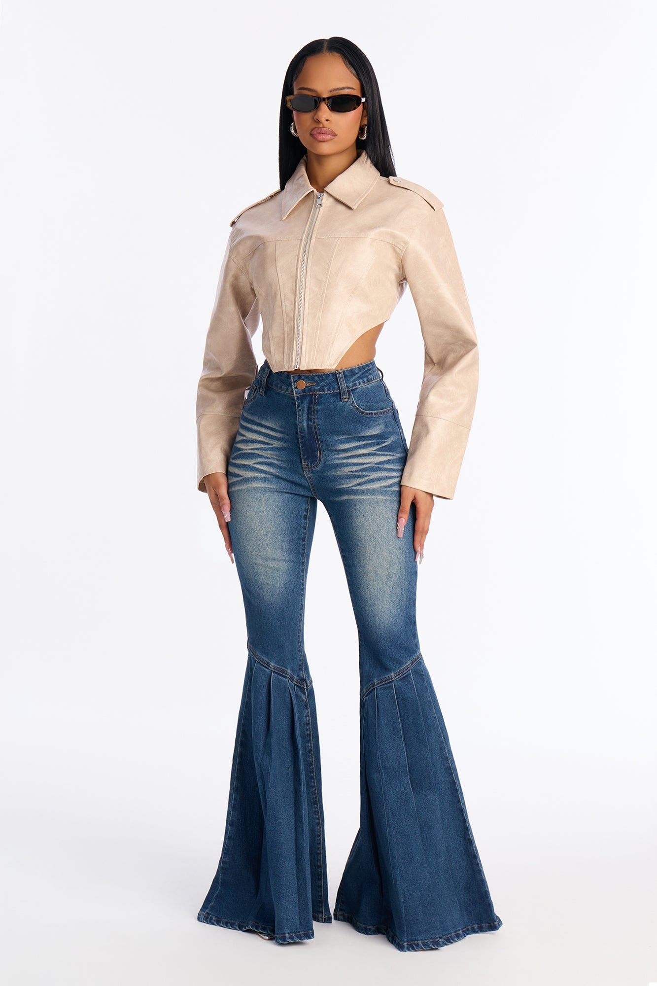 Stepping Out Pleated Flare Jeans - Dark Wash