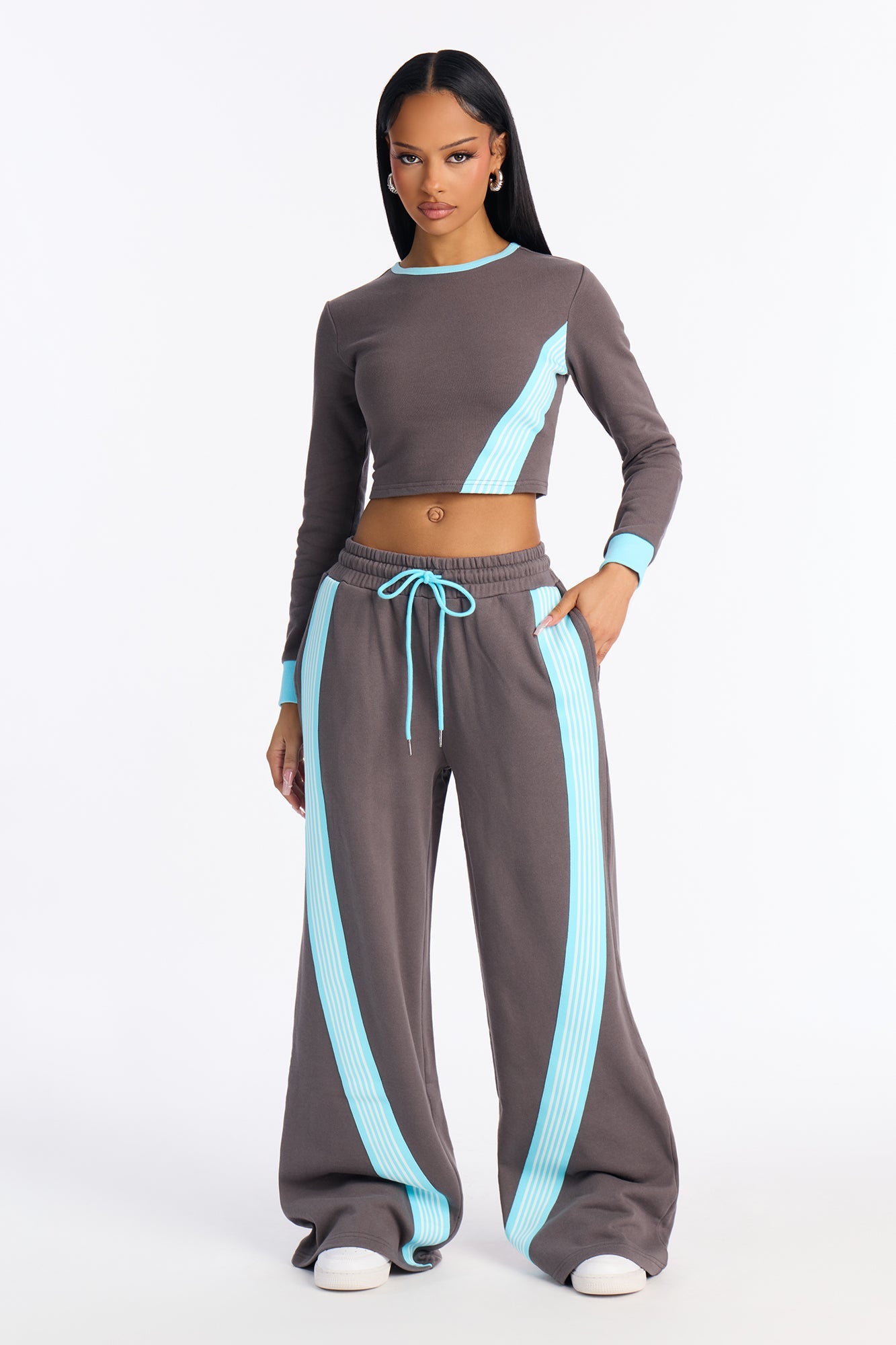 Varsity Babe Long Sleeve Pant Set - Charcoal