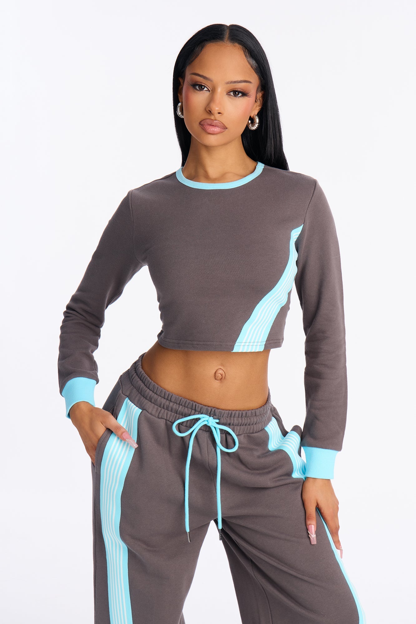 Varsity Babe Long Sleeve Pant Set - Charcoal